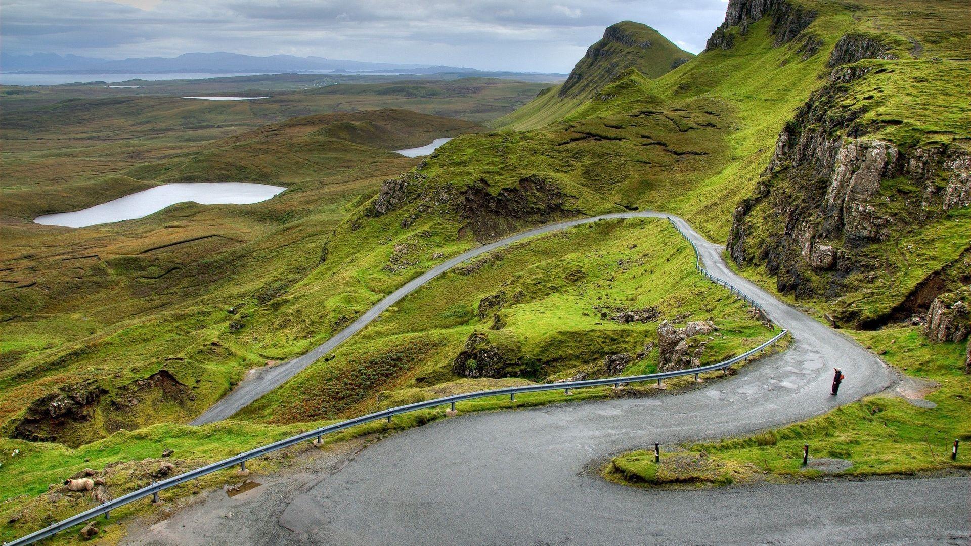 1920x1080 Download wallpaper 1920x1080 mountains, scotland, road, bends, person full hd, hdtv, fhd, 1080p HD background