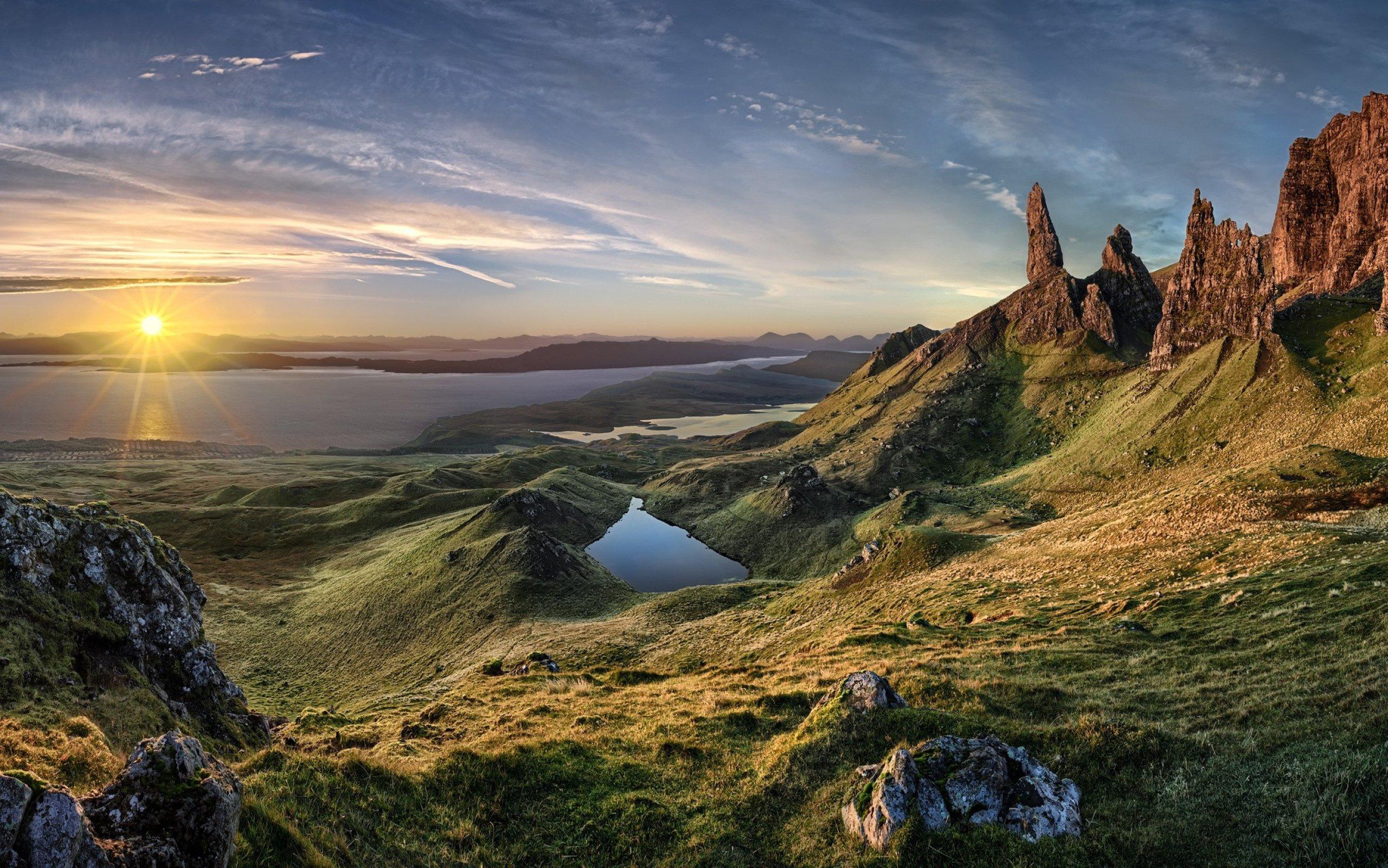 2560x1600 nature, Landscape, Sunrise, Island, Scotland, Grass, Sea, Mountain Wallpaper HD / Desktop and Mobile Background