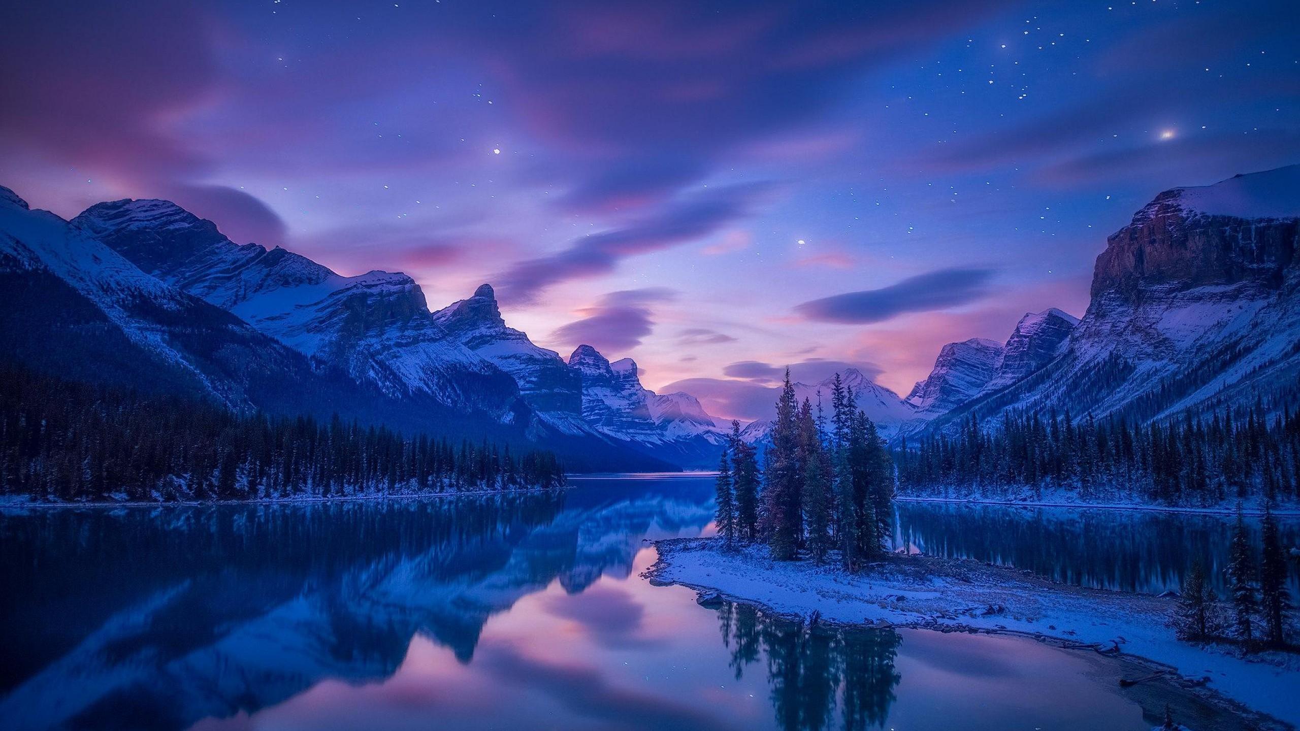 2560x1440 Wallpaper mountains, river, lake, winter, snow, night, HD, Nature