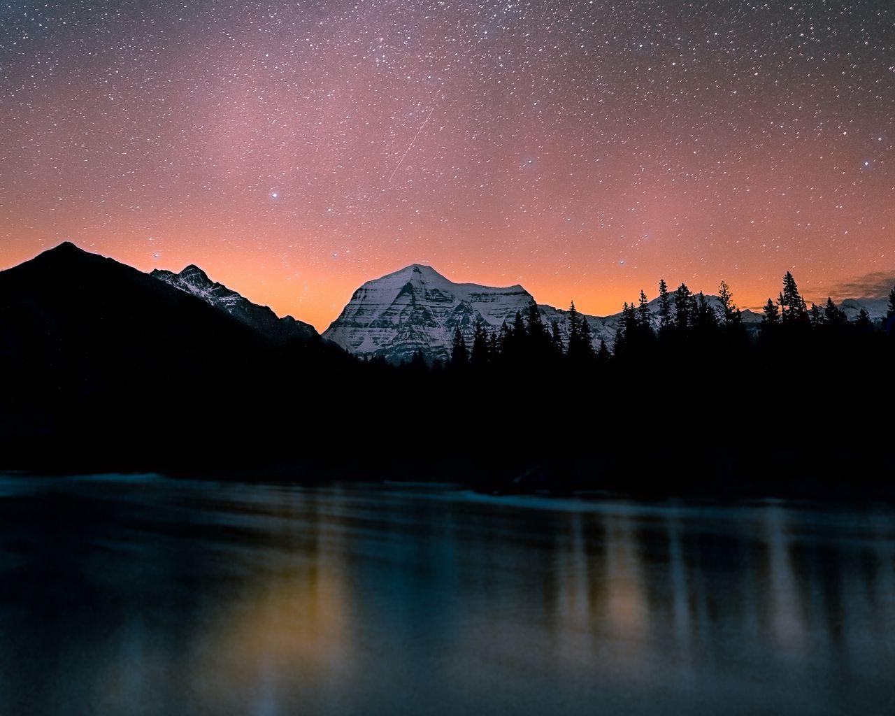 1280x1024 Download wallpaper 1280x1024 lake, mountains, night, starry sky, dark, landscape standard 5:4 HD background