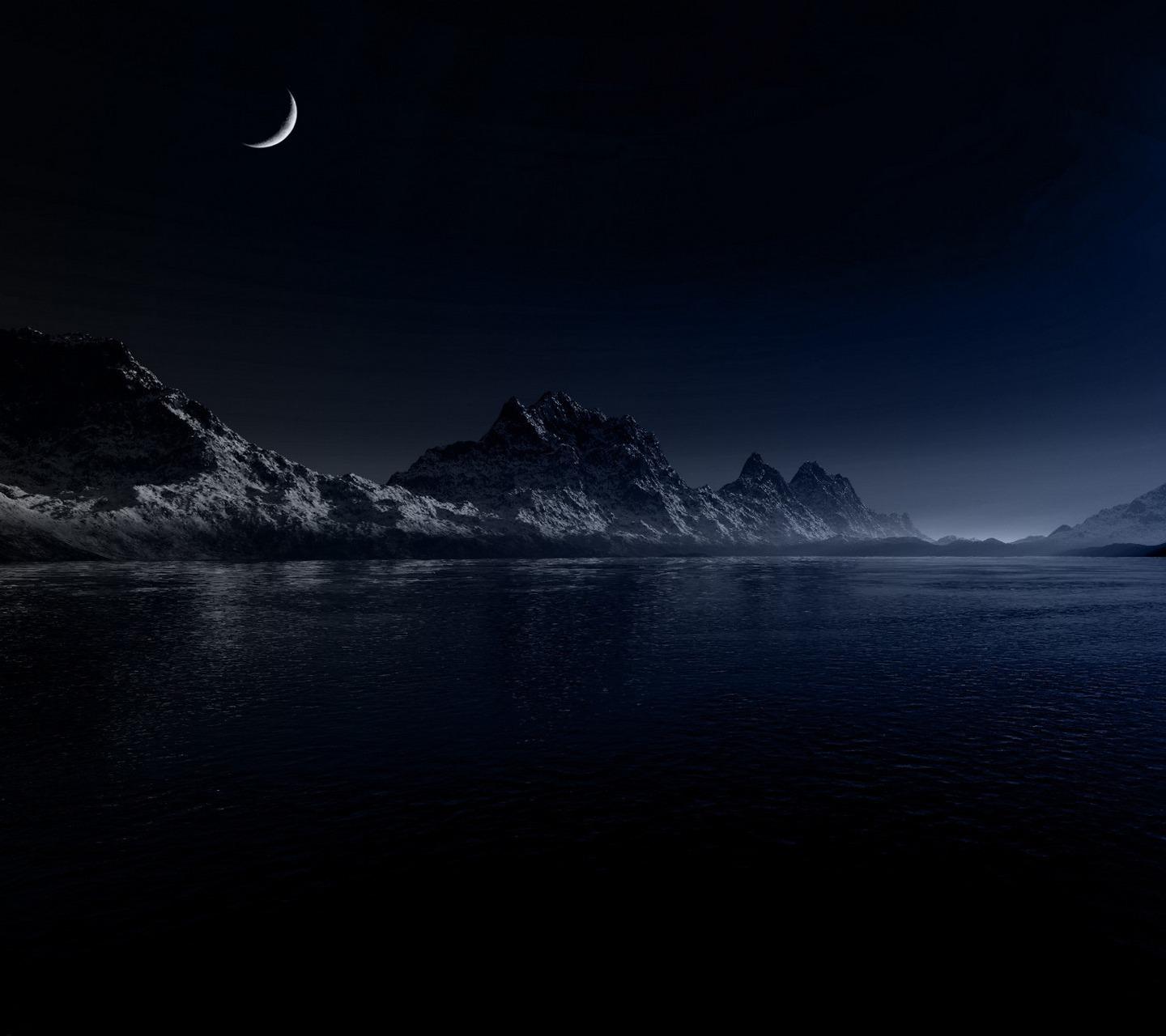 1440x1280 Mobile wallpaper: Lakes, Mountains, Moon, Landscape, Night, 20898 download the picture for free