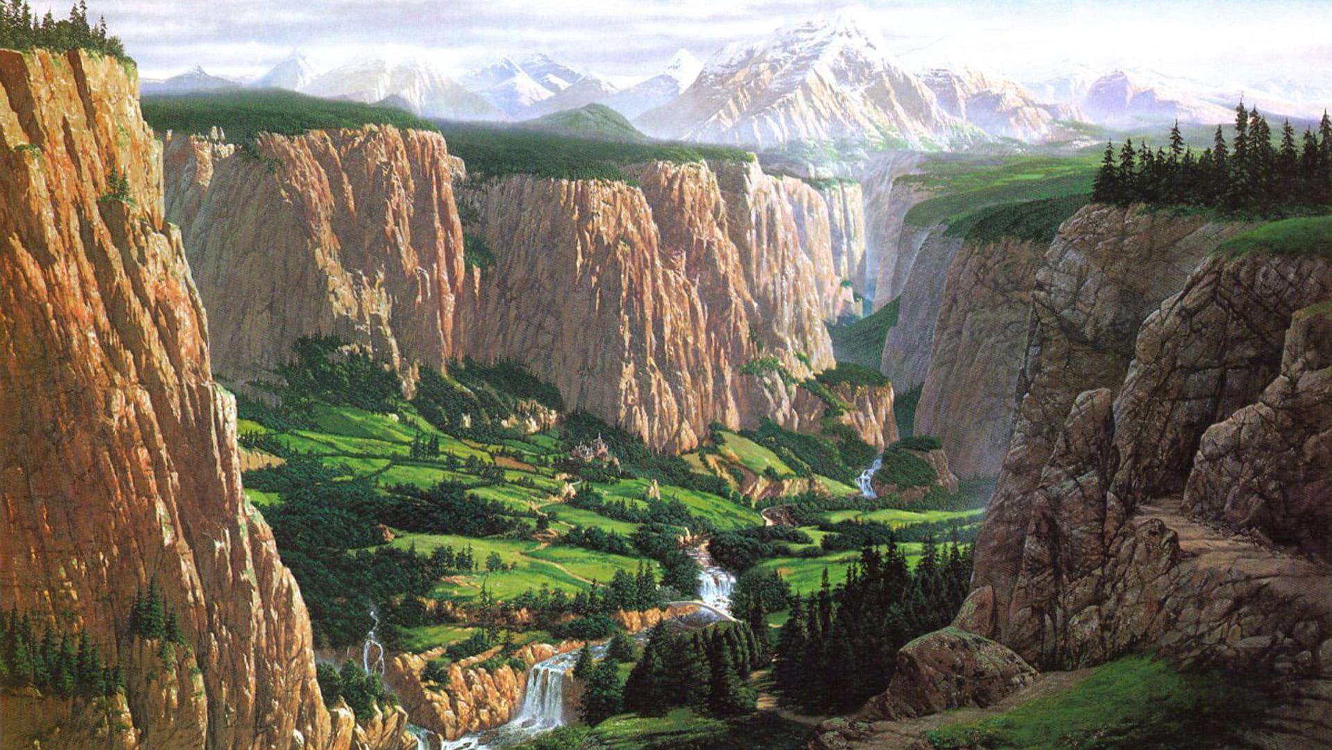 1920x1081 green field surrounded brown rock formation wallpaper J. R. R. Tolkien The Lord of the Rings #Rivendell fantas. Cartoon wallpaper hd, Tolkien, Castle illustration