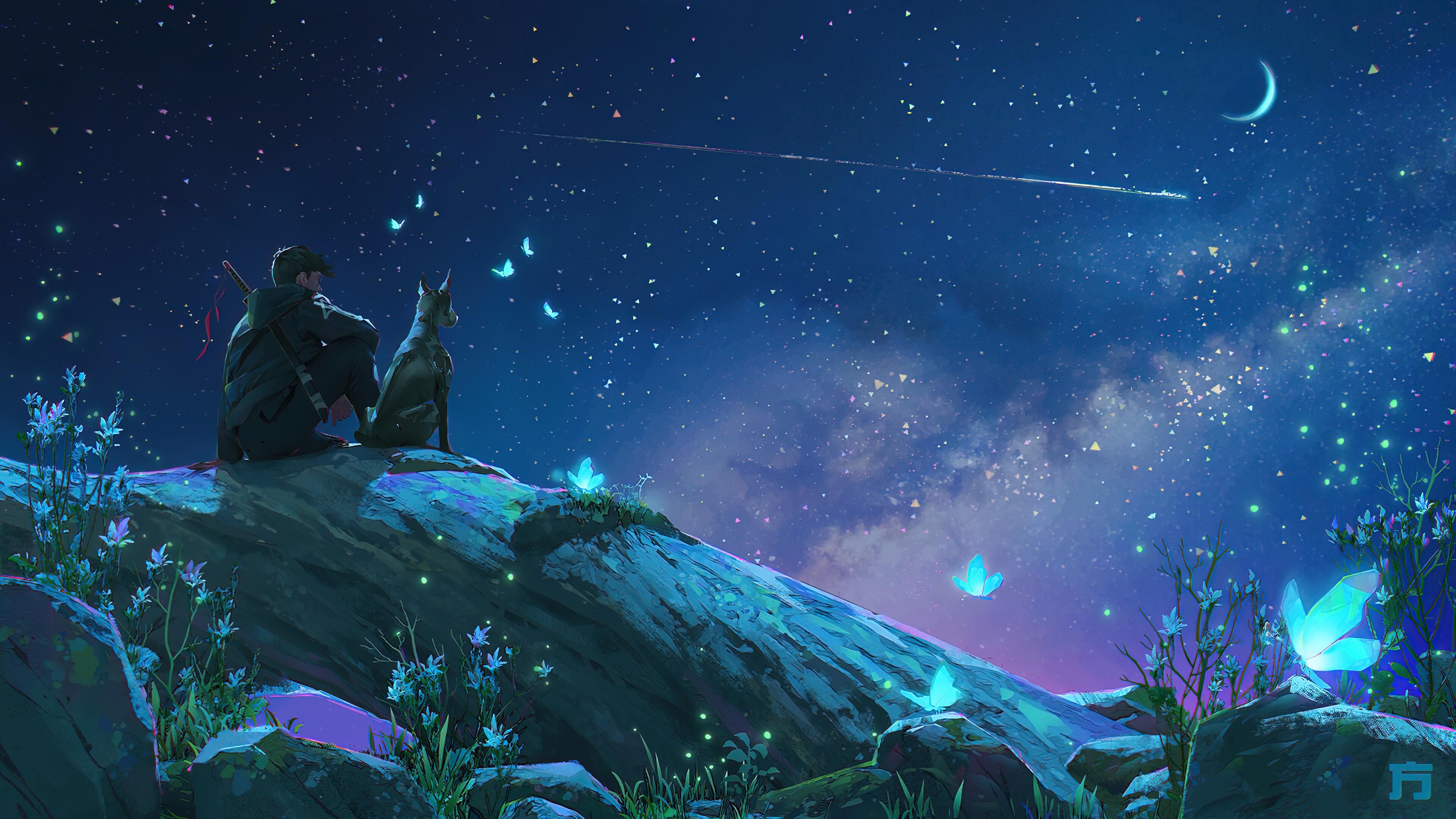 3840x2160 wallpaper, night, starry, sky, stars, scenery, anime, art, 4k, HD Gallery HD Wallpaper