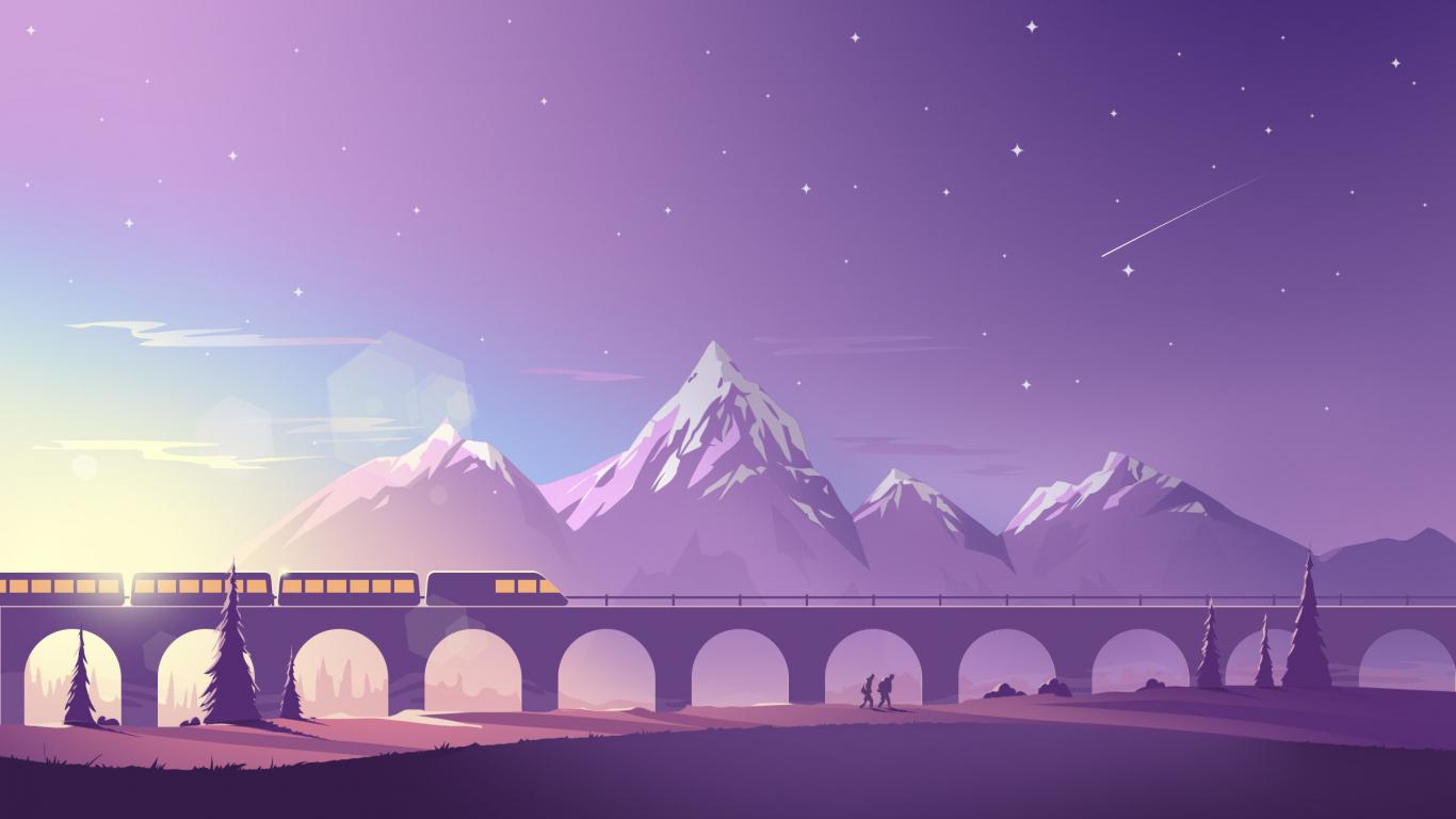 1366x768 Download wallpaper 1366x768 train, bridge, mountains, minimalistic, digital art, tablet, laptop, 1366x768 HD background, 8499
