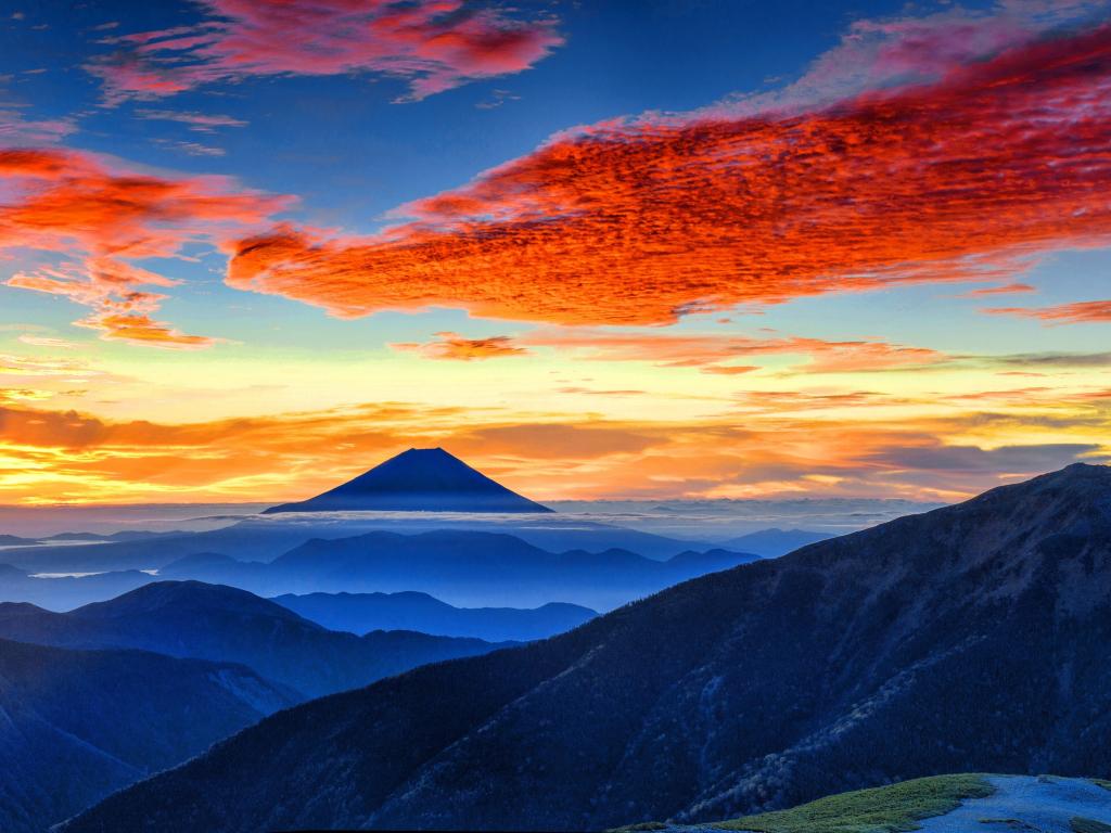1024x768 Wallpaper mount fuji, clouds, sunset, panaromic desktop wallpaper, HD image, picture, background, 978f1b