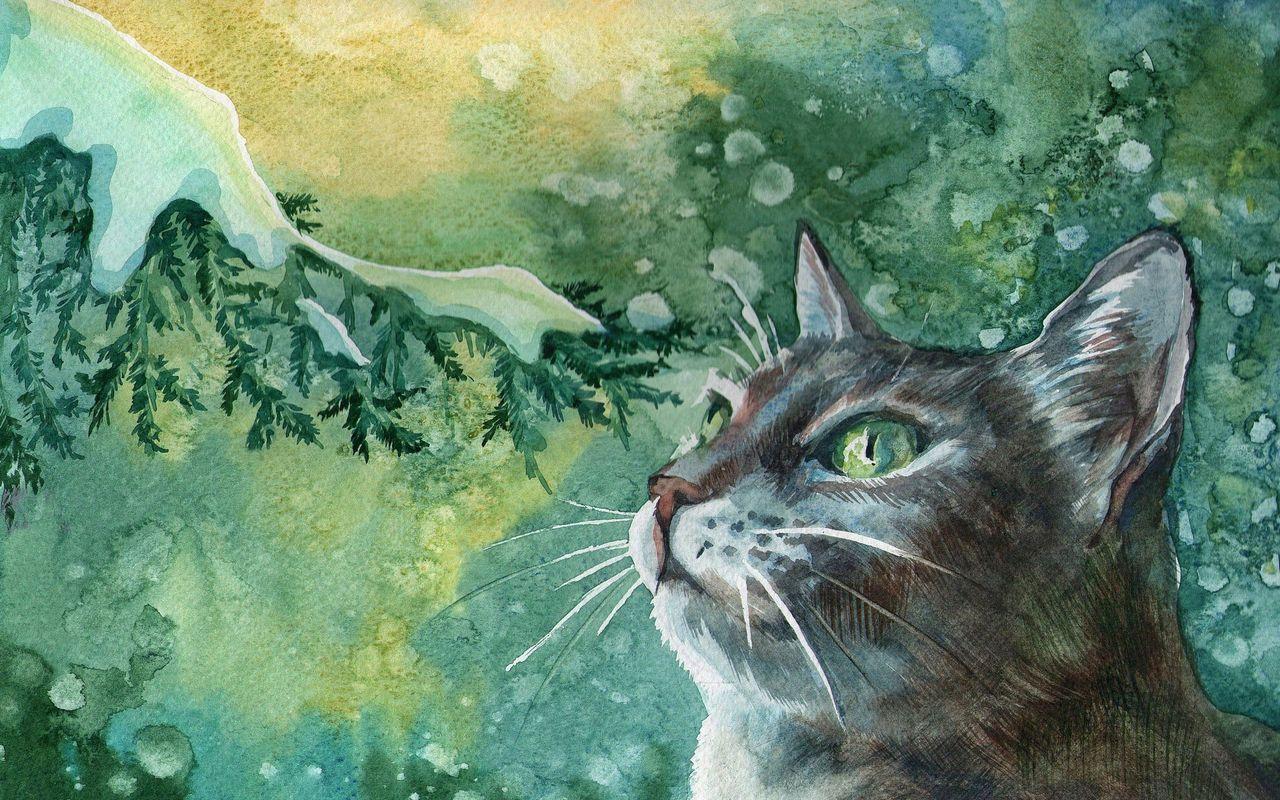 1280x800 Download wallpaper 1280x800 cat, paint, painting, branch, snow, winter, drawing widescreen 16:10 HD background