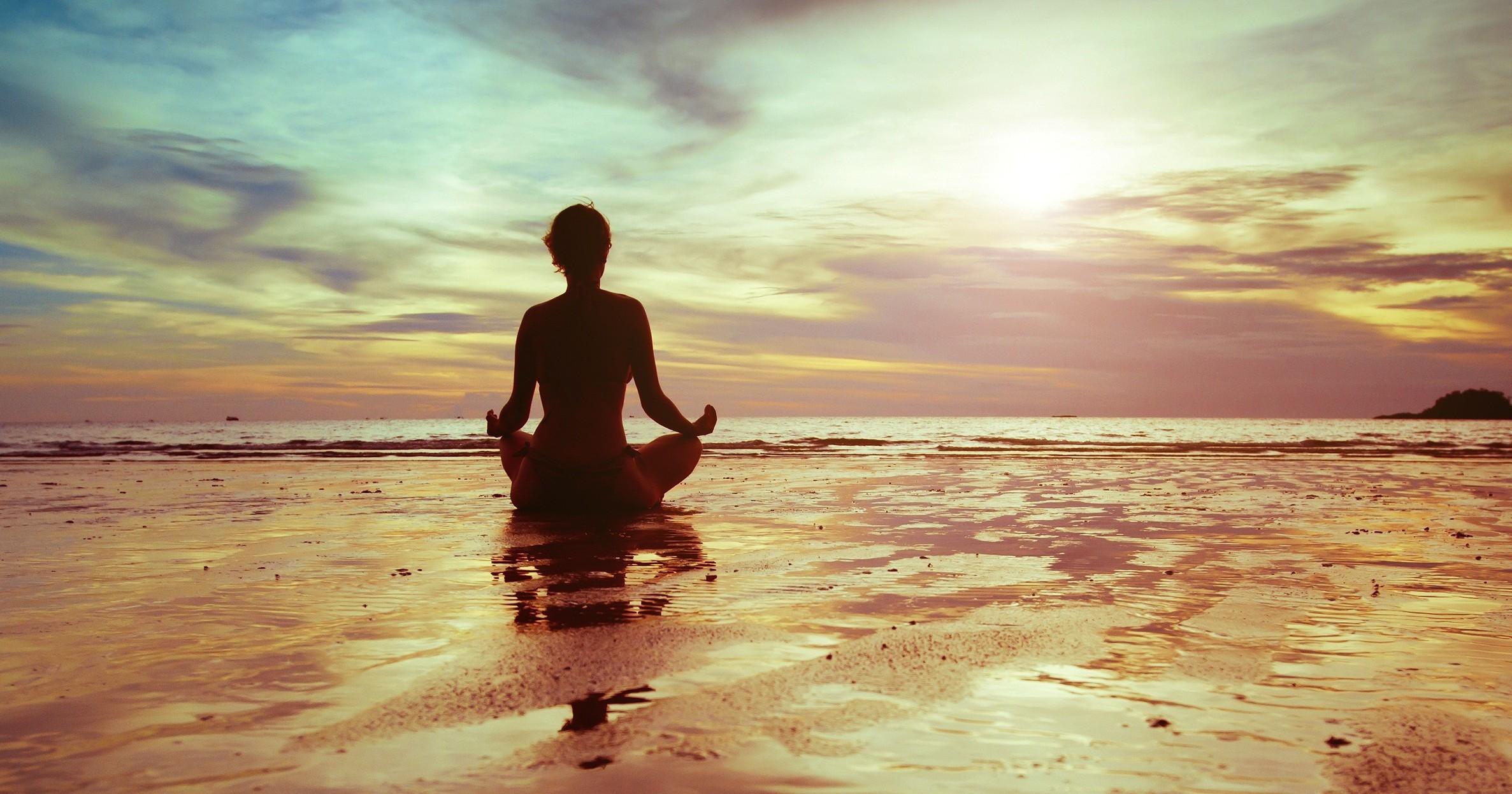 2373x1247 women meditation beach water sunlight Gallery HD Wallpaper