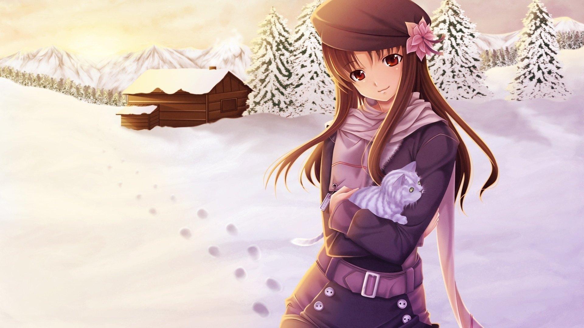 1920x1080 winter, Cat, House, Cat, Girl, Mikazuki, Akira, Art, Kanon, Snow Wallpaper HD / Desktop and Mobile Background