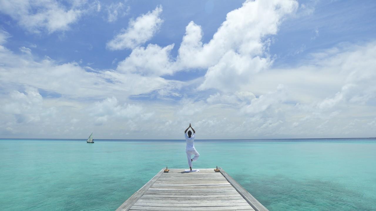 1280x720 Wallpaper Yoga, beach, sea, blue, sky, Sport