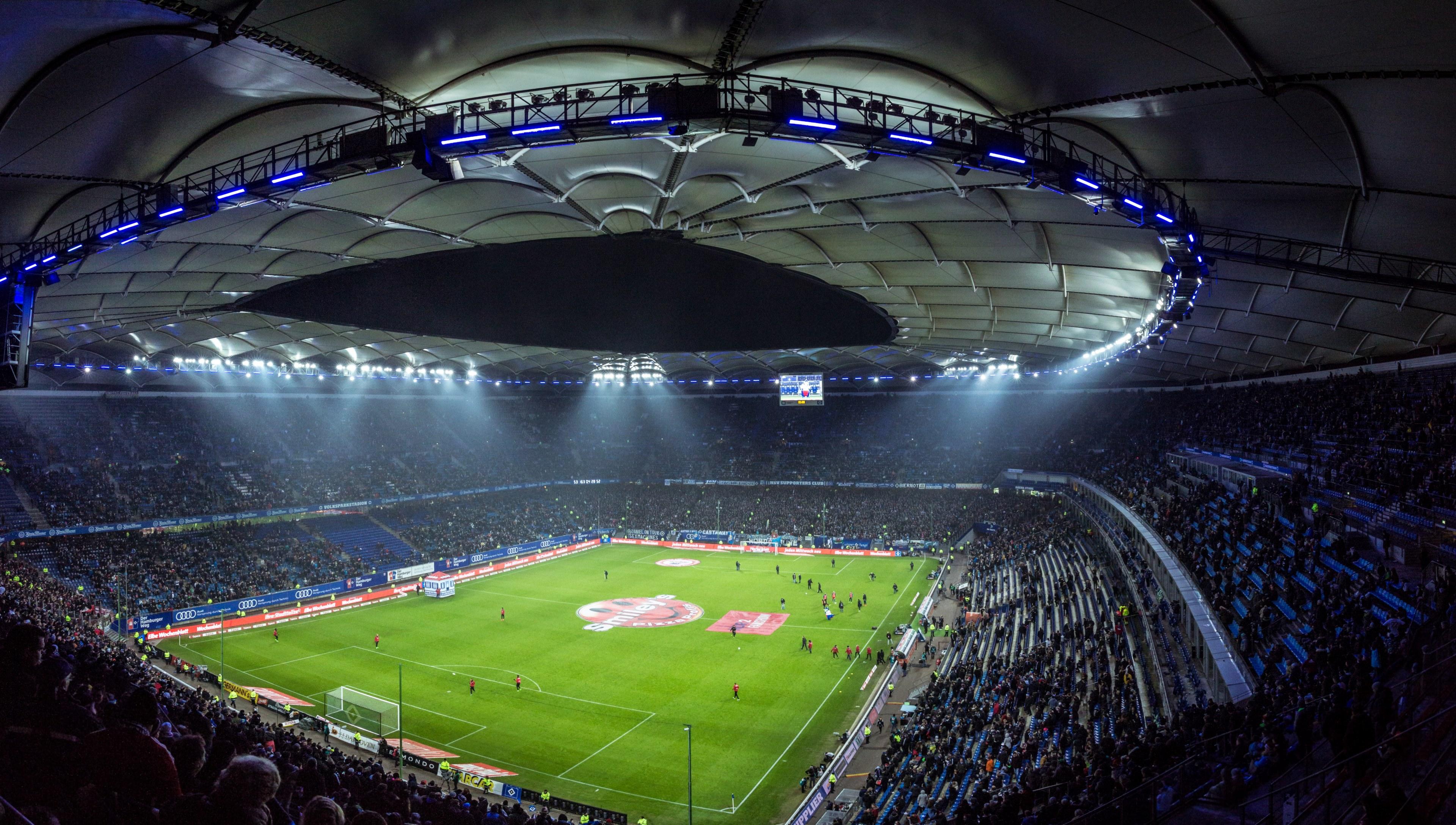 3840x2177 Wallpaper / night view of crowded volksparkstadion soccer stadium before the match at night, well lit soccer stadium 4k wallpaper free download