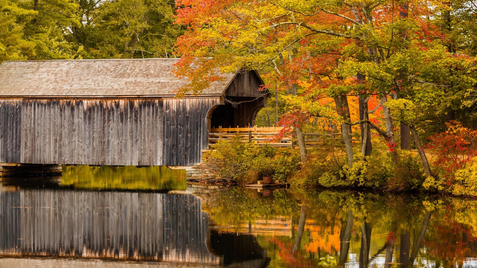 1920x1080 Autumn, countryside, covered bridge, fall, foliage