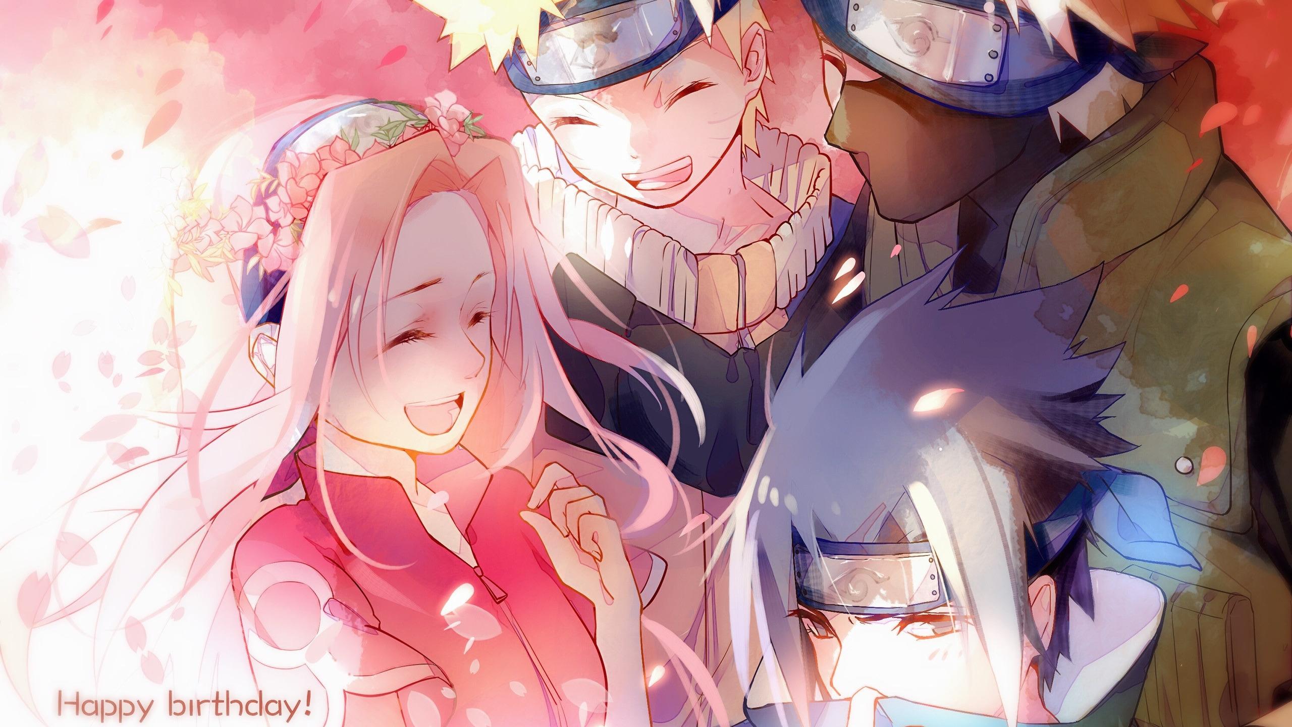 2560x1440 Download wallpaper team, Naruto, friends, wreath, smile, ninja, pink hair, Sasuke Uchiha, Sakura Haruno, Naruto Uzumaki, Hatake Kakashi, Naruto Uzumaki, bandage on forehead, the emblem of Konoha, section shonen in resolution 2560x1440