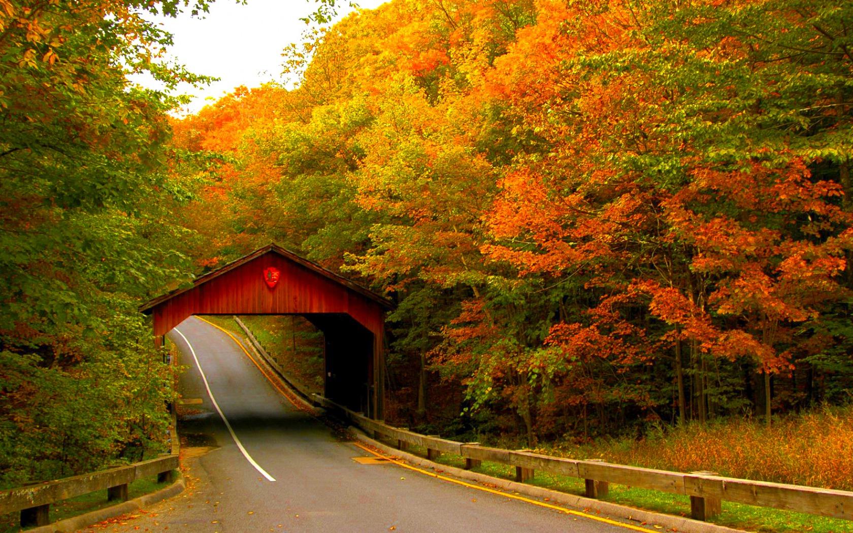 1680x1050 Covered Bridge in Autumn
