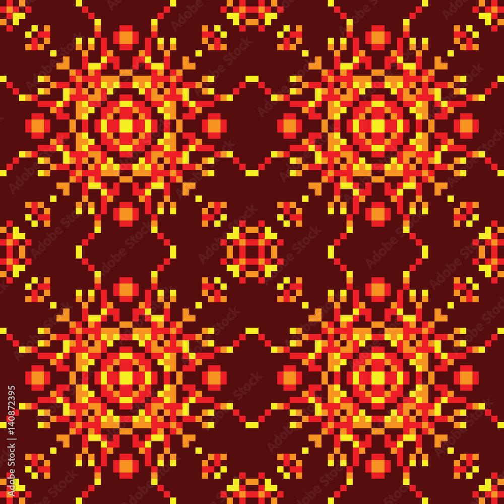 1000x1000 Vector Abstract Seamless Pixel Red Orange Yellow Pattern Made Of Small Squares On A Dark Background. Mosaic, Background, Embroidery, Wallpaper, Kaleidoscope, Mandala. Vector Illustration. Stock Vector