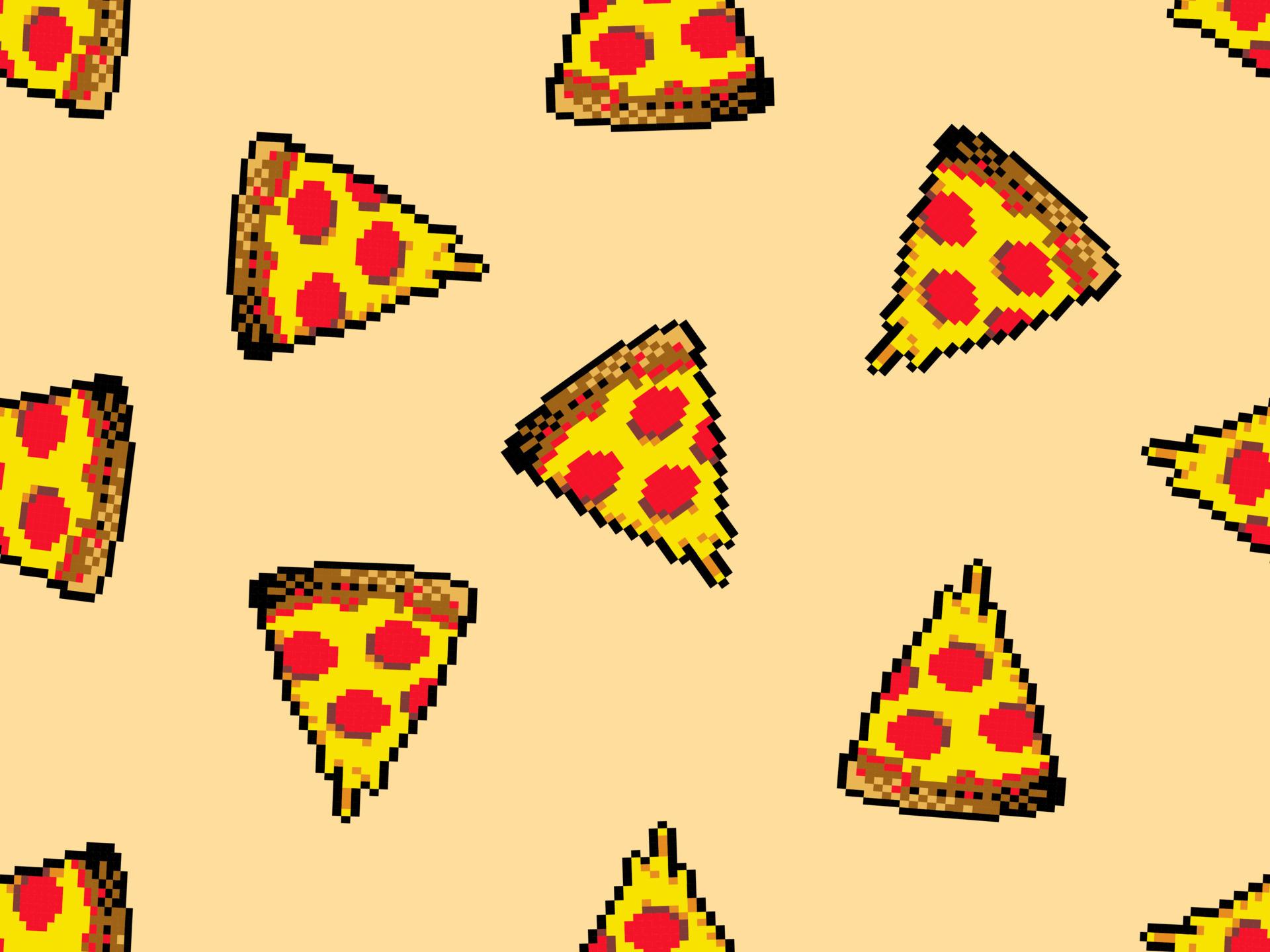 1920x1440 Pizza cartoon character seamless pattern on orange background.Pixel style