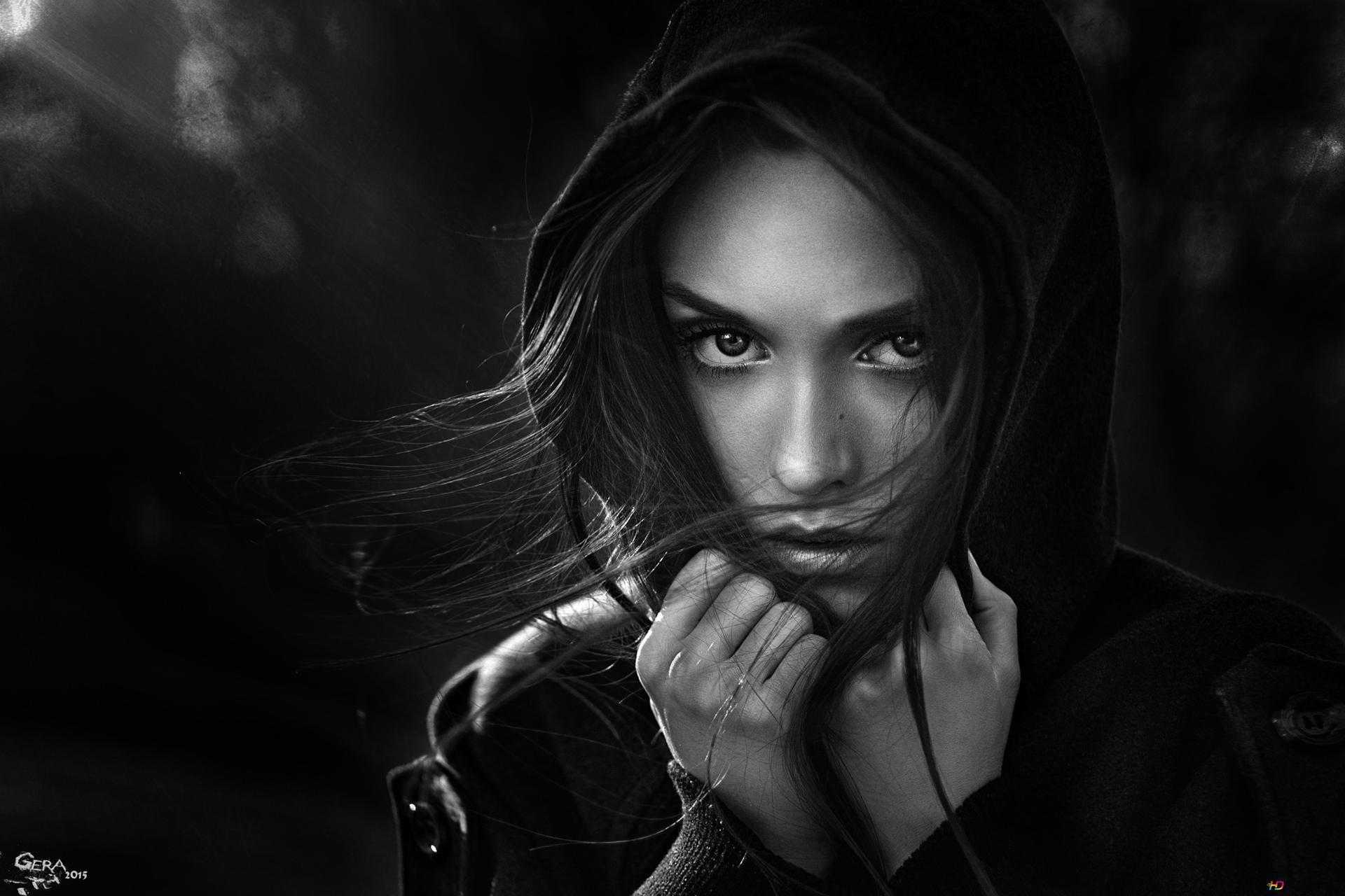 1920x1280 Black and white photo of beautiful woman blowing in the wind 2K wallpaper download