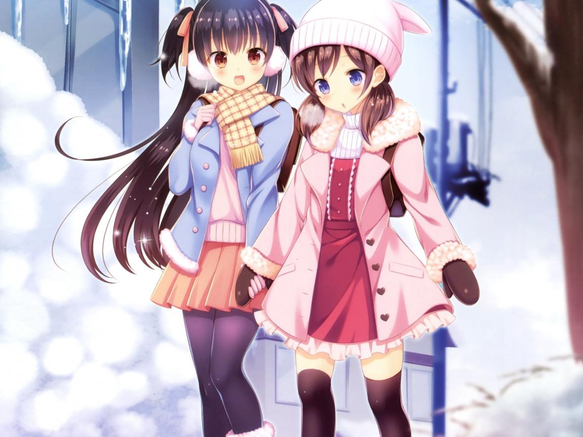 1152x864 Download wallpaper 1152x864 winter, outdoor, girls, anime, friends, standard 4:3 fullscreen 1152x864 HD background, 3945