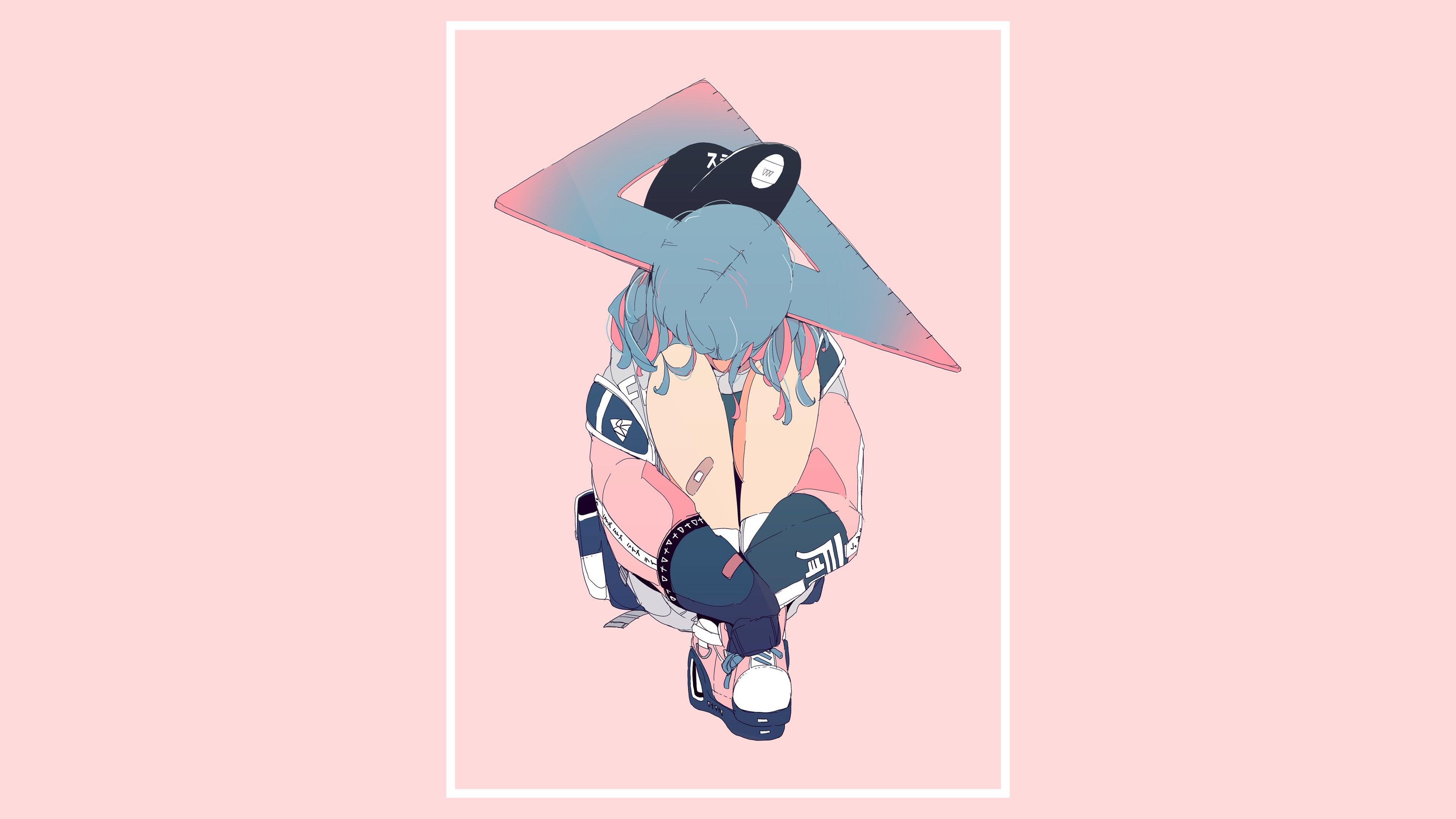 3840x2160 Wallpaper / anime, anime girls, original characters, Streetwear, pink background, blue hair free download