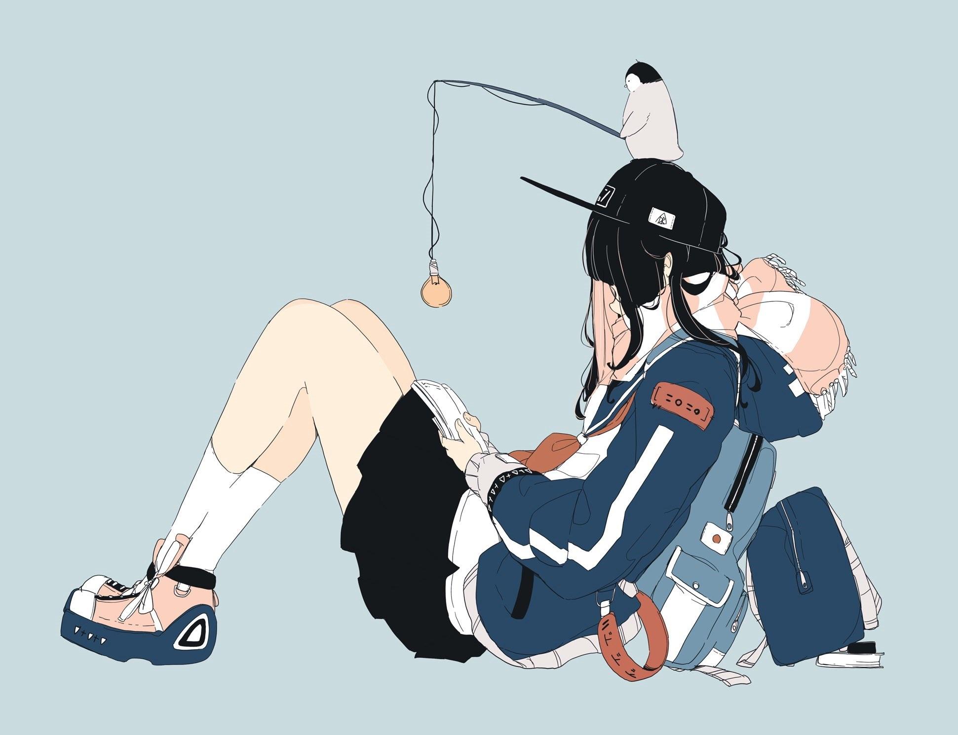 1941x1490 simple background, blue background, Streetwear, daisukerichard, anime girls, original characters, anime Gallery HD Wallpaper