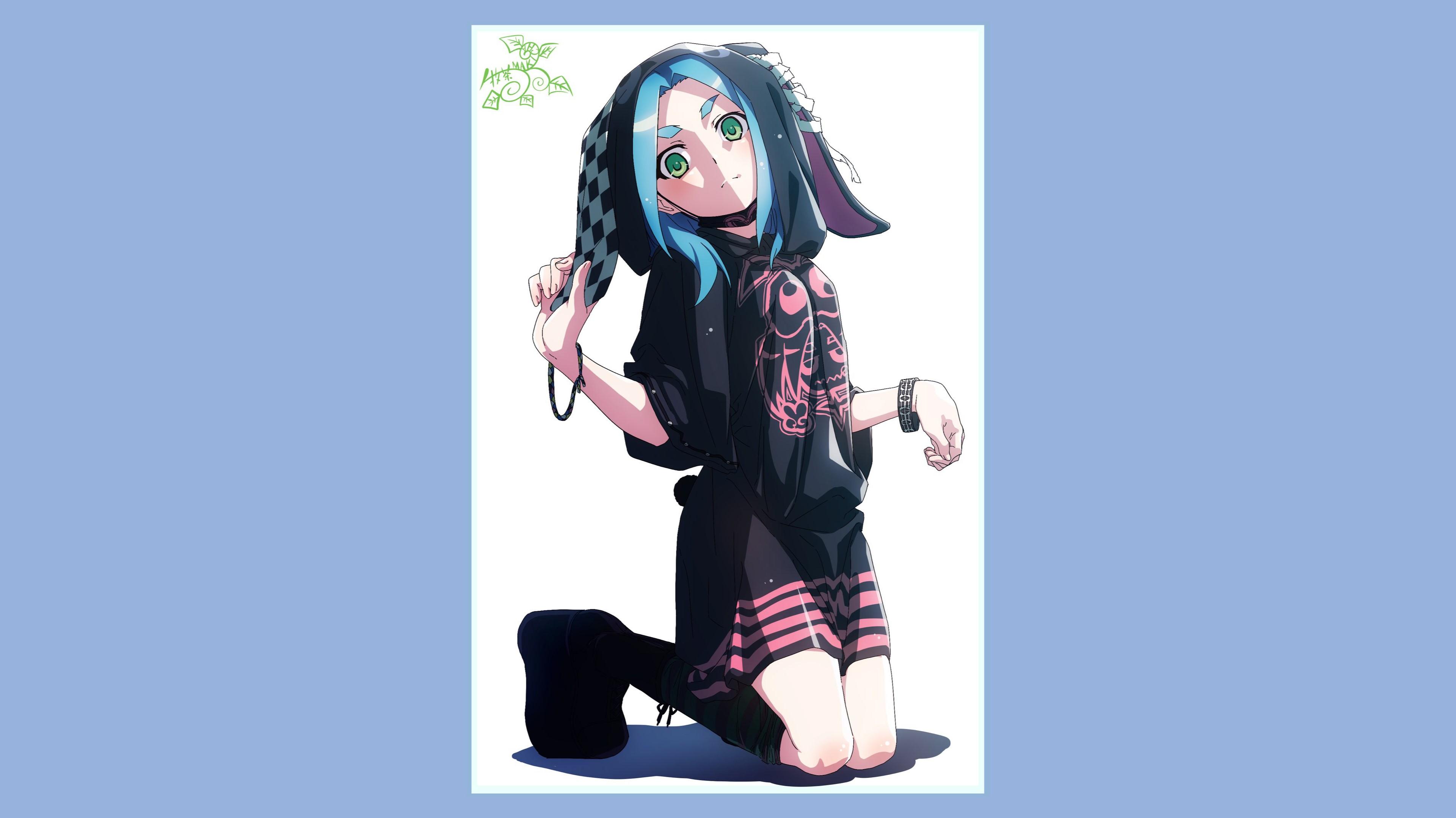 3840x2160 Wallpaper / Monogatari Series, Ononoki Yotsugi, Streetwear, blue background, anime, anime girls free download