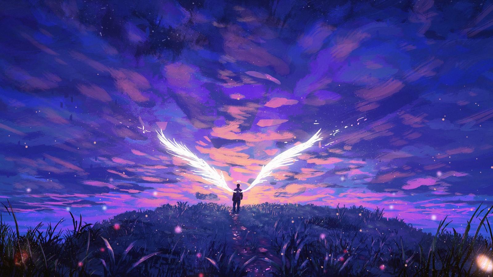 1600x901 angel, Lucifer, artwork, sky, wings, clouds, fantasy art Gallery HD Wallpaper