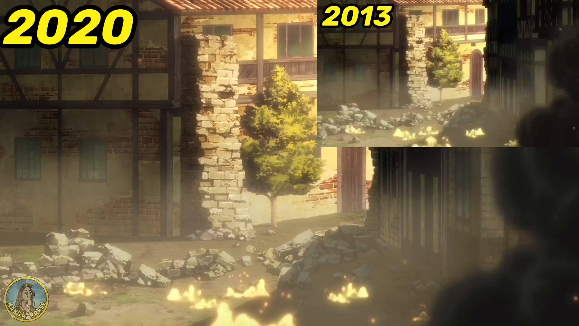 1920x1080 Reiner breaks the gate to Shiganshina / WIT 2013 vs. MAPPA 2020 / I've synced it to make sure they are really the same, they mostly are