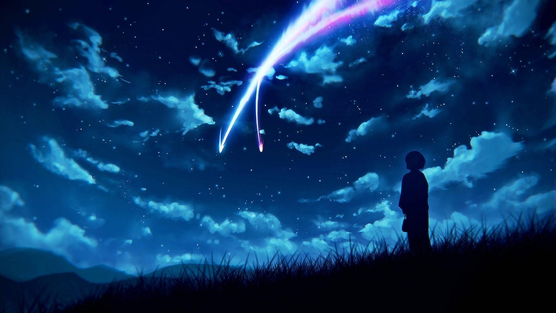 1920x1080 Kimi no Na Wa, dark, Mitsuha Miyamizu, starry night, looking away, anime, sky, anime girls, blue, night, Miyamizu Mitsuha Gallery HD Wallpaper