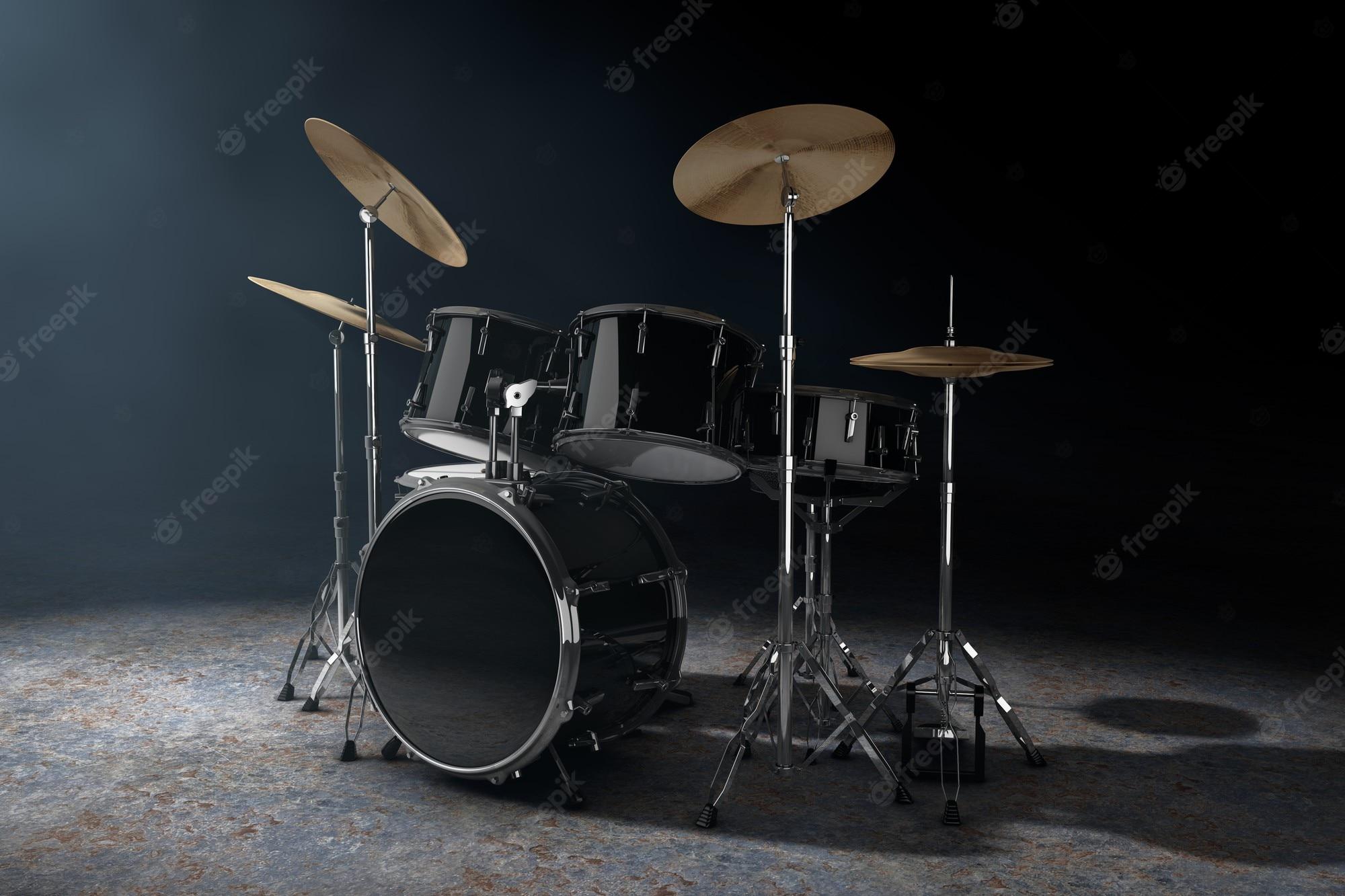 2000x1333 Premium Photo. Professional rock black drum kit in the volumetric light on a black background. 3D rendering