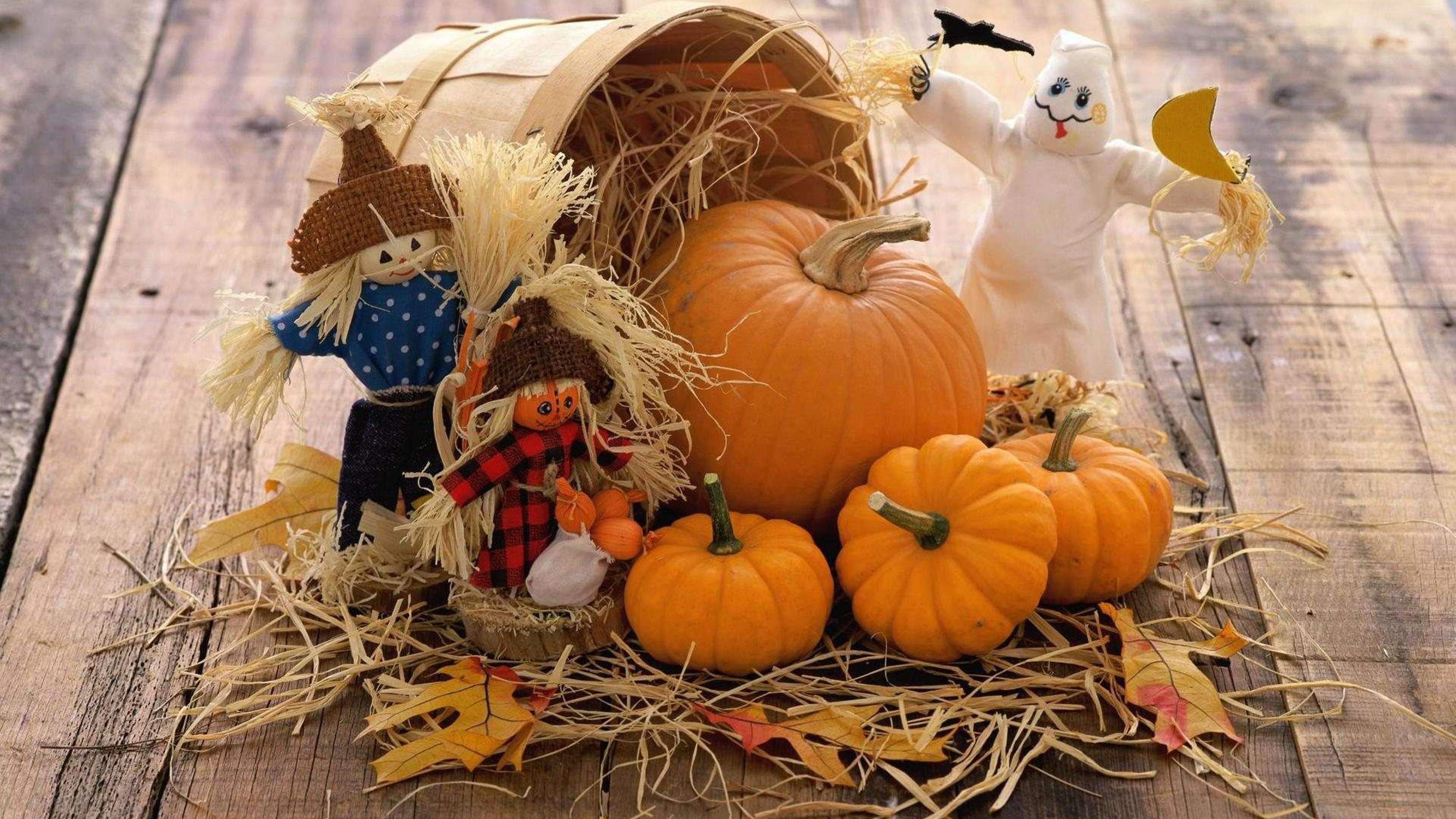 3840x2160 Funny scarecrow and Halloween pumpkins