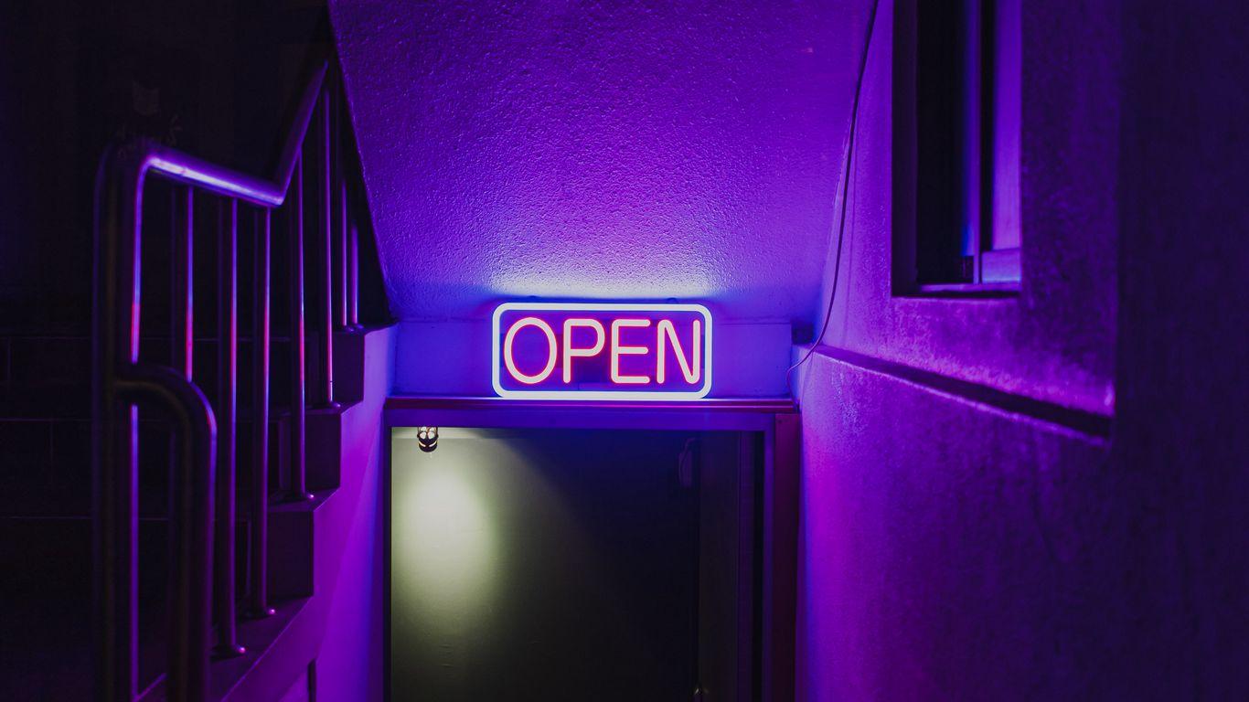 1366x768 Download wallpaper 1366x768 sign, neon, light, purple, door, dark tablet, laptop HD background