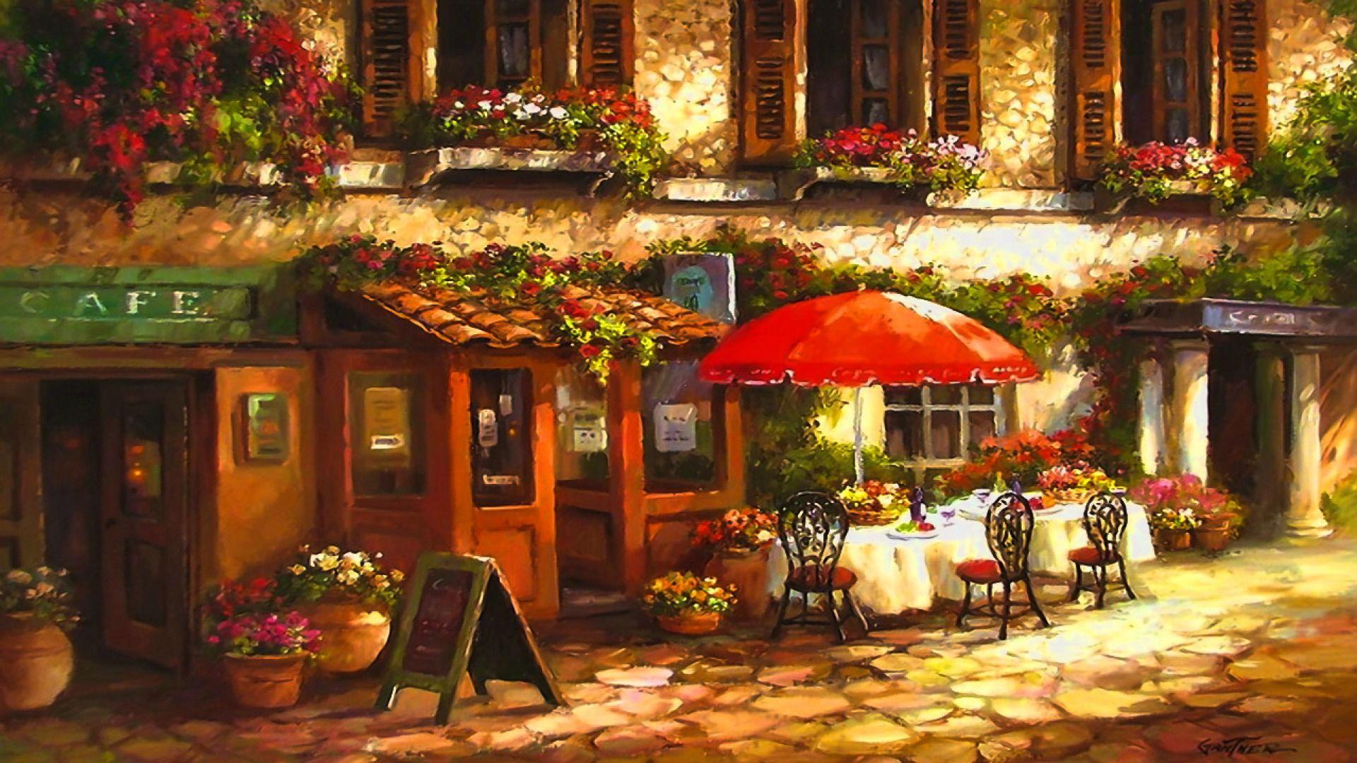 1920x1080 Street Cafe wallpaper. Cafe art, Literature art, Kinkade paintings