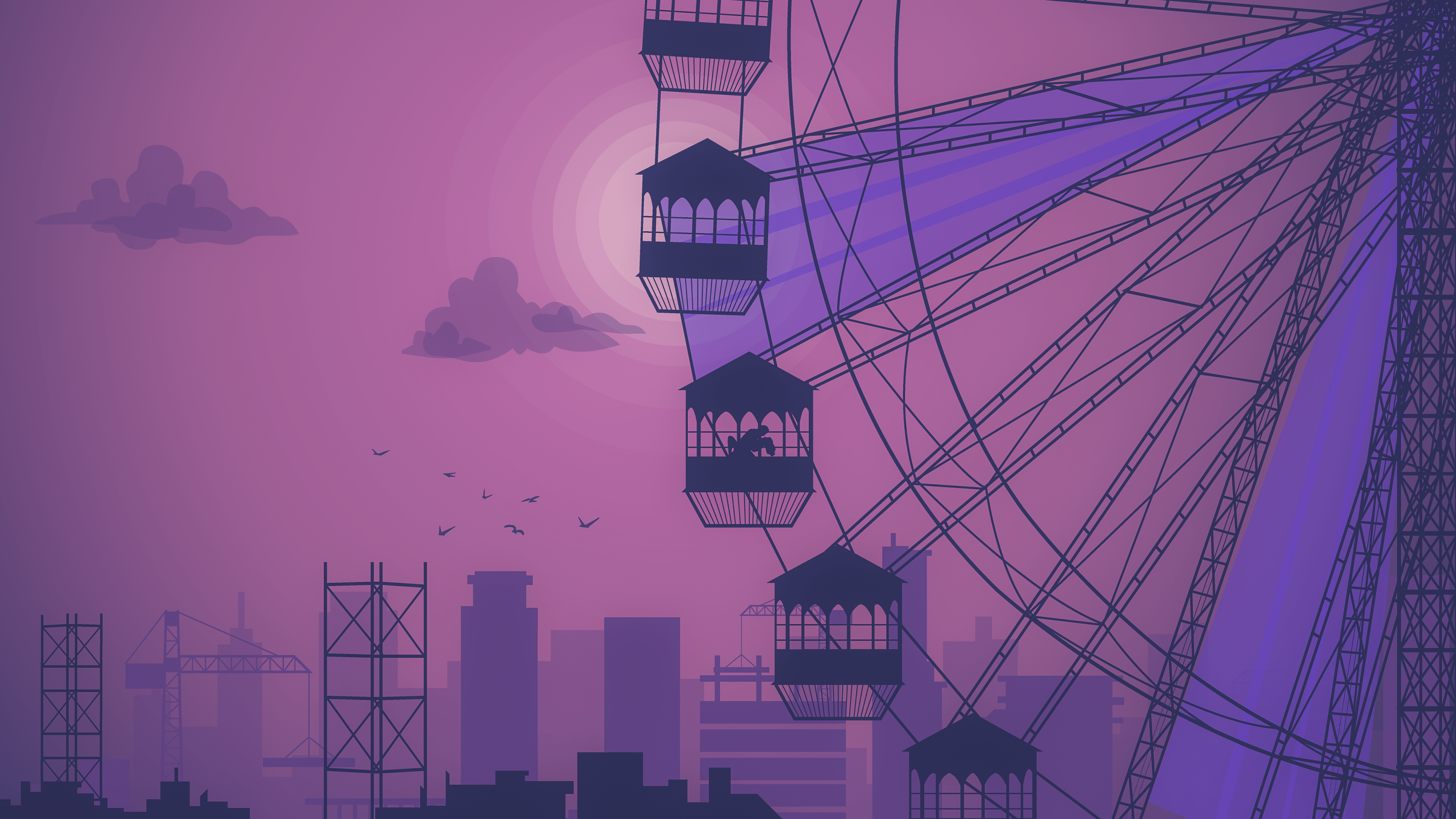 3840x2160 4K, purple, birds, sunset, sky, cityscape, artwork, illustration, animals, ferris wheel, silhouette, Carnival, pink background, city, purple background, Sun Gallery HD Wallpaper