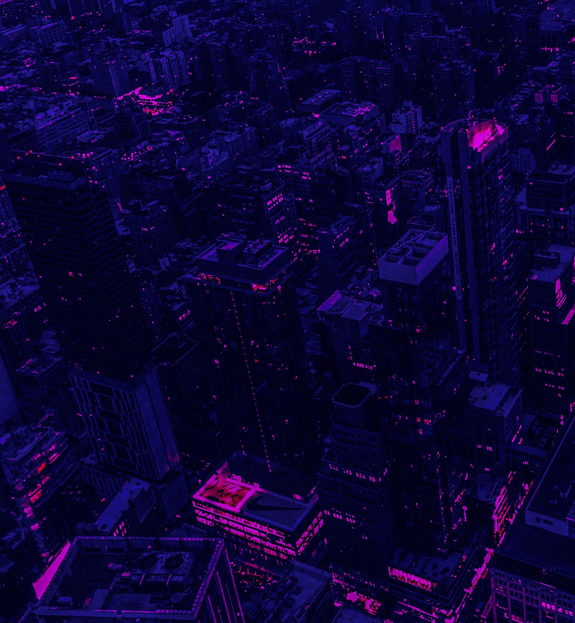 2203x2386 Download wallpaper 2203x2386 city, buildings, aerial view, purple, dark HD background