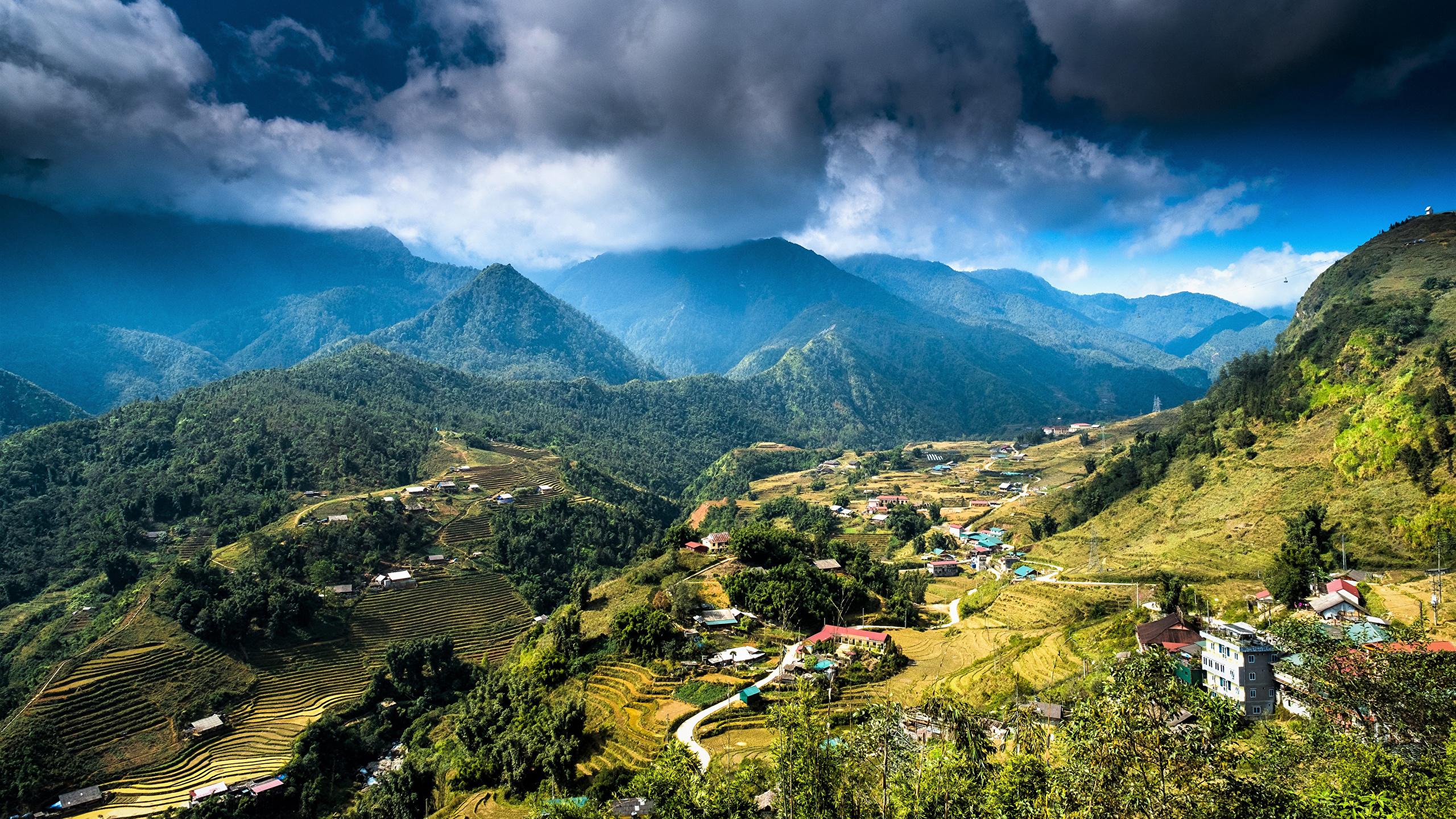2560x1440 Desktop Wallpaper Vietnam Nature mountain Fields Houses 2560x1440