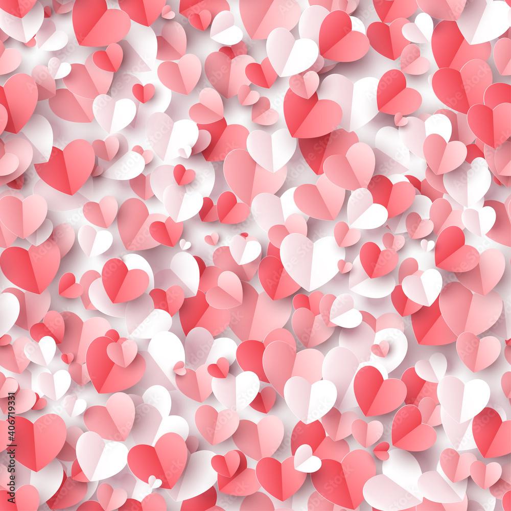 1000x1000 Valentine's day concept seamless pattern background. Vector illustration. Many 3D red, white and pink paper cut hearts wallpaper. Cute love sale backdrop for greeting card Stock Vector
