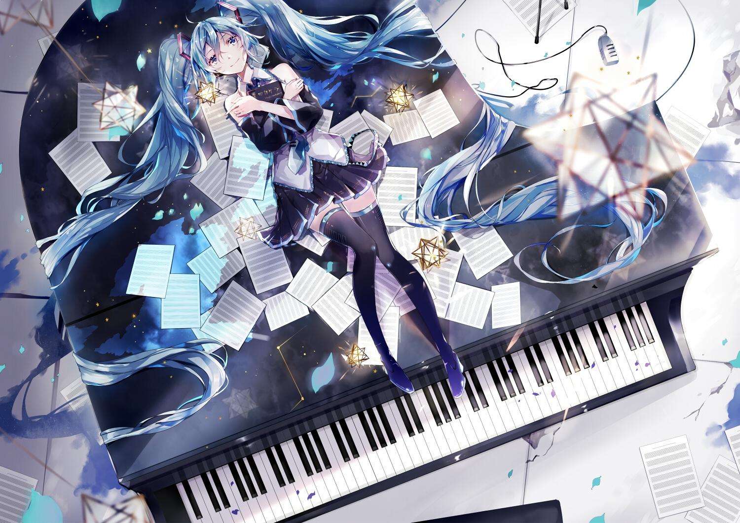 1500x1060 amatsukiryoyu aqua eyes aqua hair hatsune miku instrument long hair paper piano thighhighs tie twintails vocaloid zettai ryouiki. konachan.com.com Anime Wallpaper