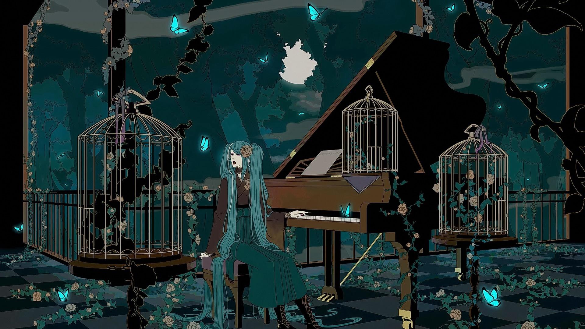 1920x1080 illustration, looking away, long hair, anime, anime girls, space, butterfly, Vocaloid, Hatsune Miku, world, piano, aqua hair, cages, stage, screenshot, computer Gallery HD Wallpaper