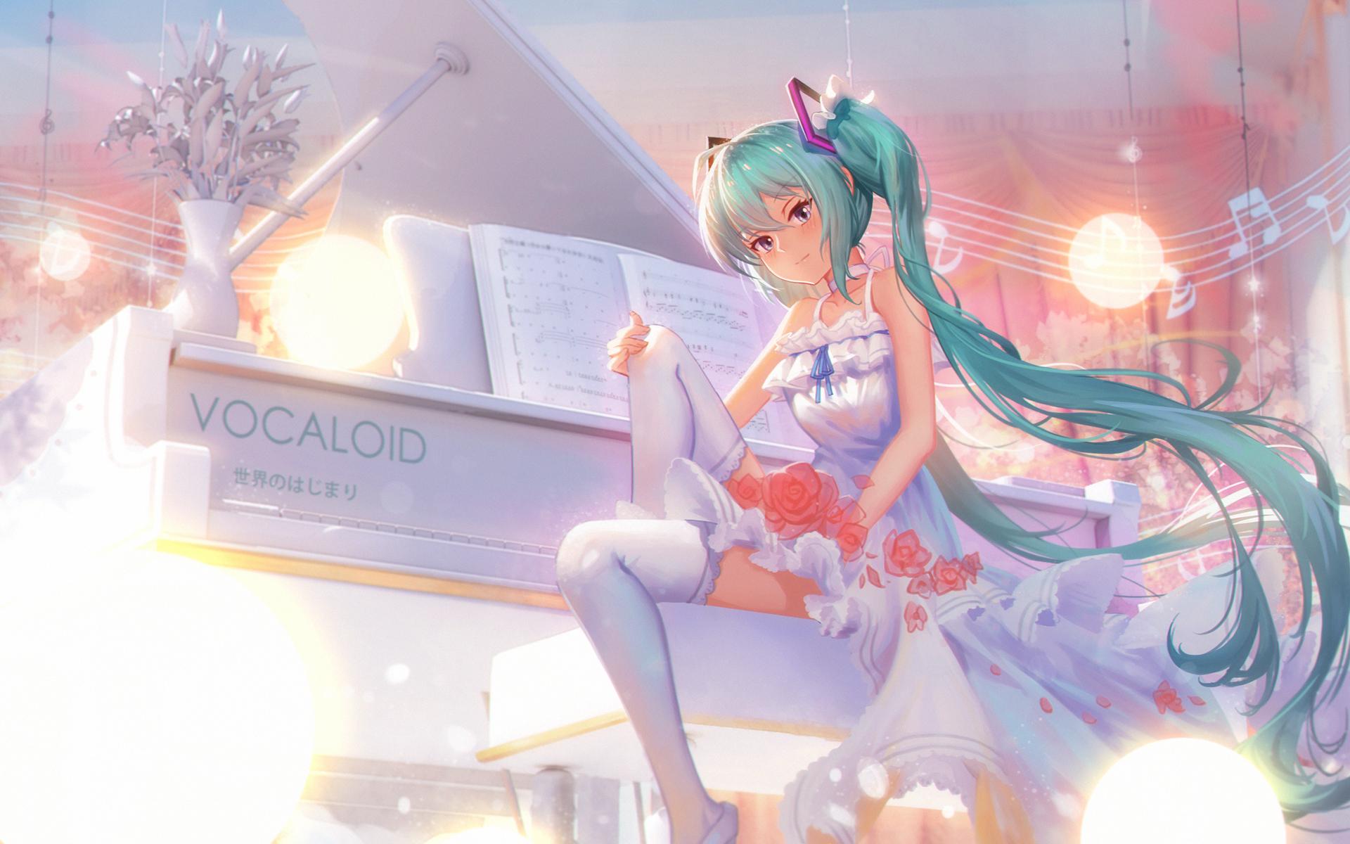 1920x1200 Anime Anime Girls Vocaloid Hatsune Miku Piano Instrument Twintails Thigh Highs Dress Blue Hair Wallpaper:1920x1200