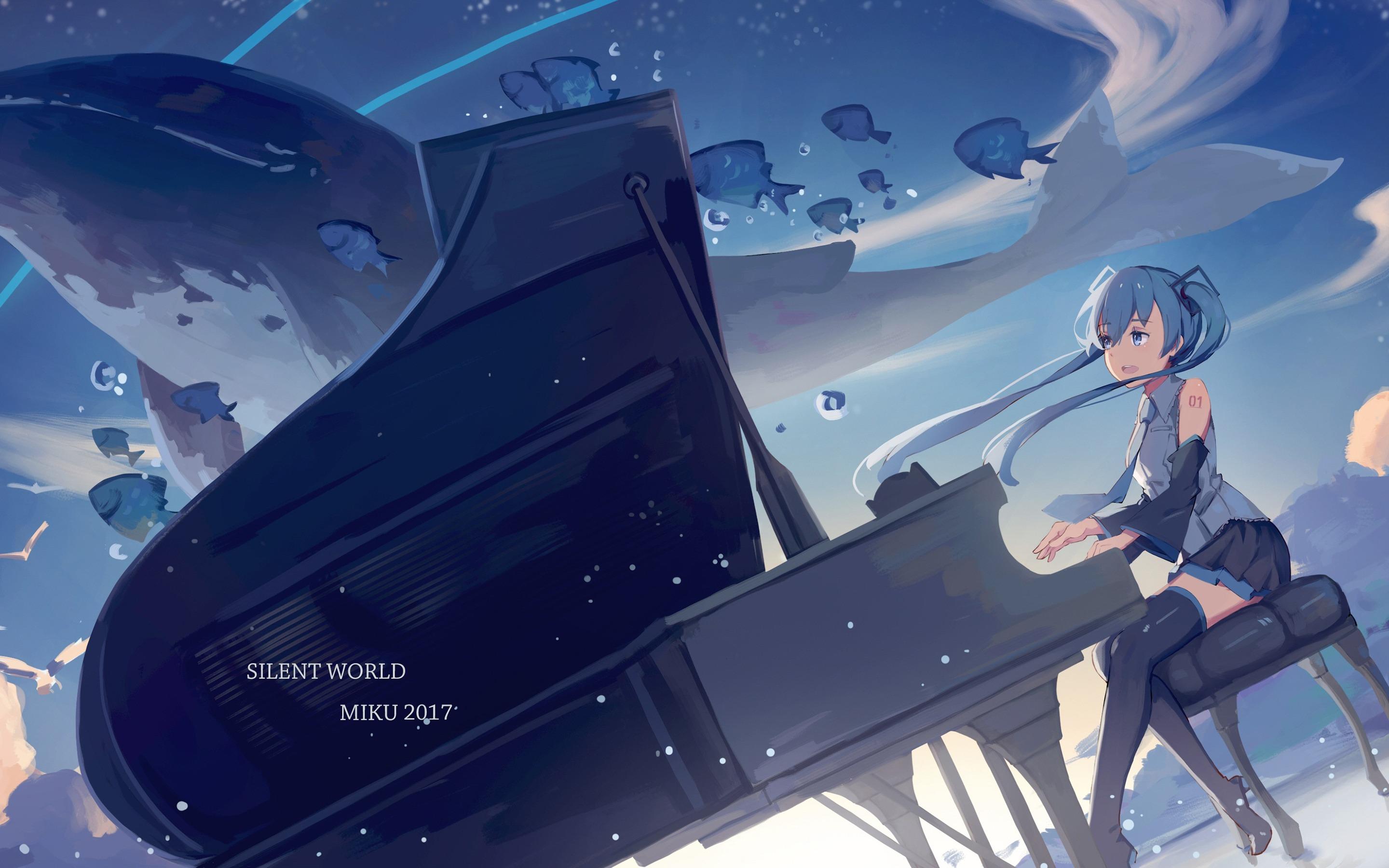 2880x1800 Anime Girls Piano Musical Instrument Sitting Anime Blue Hair Underwater Fish Animals Long Hair Music Wallpaper:2880x1800