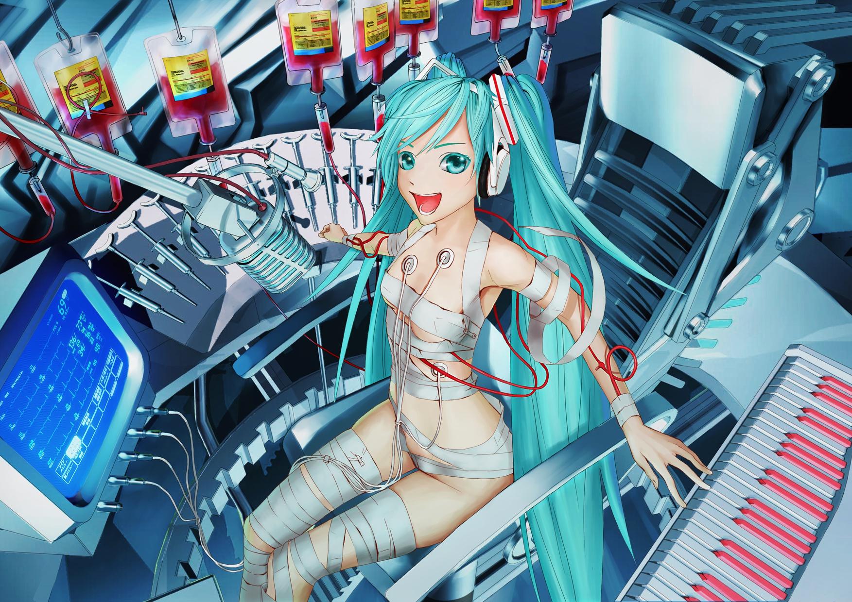 1753x1240 aqua eyes aqua hair bandage blood computer hatsune miku headphones instrument long hair microphone piano twintails vocaloid. konachan.com.com Anime Wallpaper