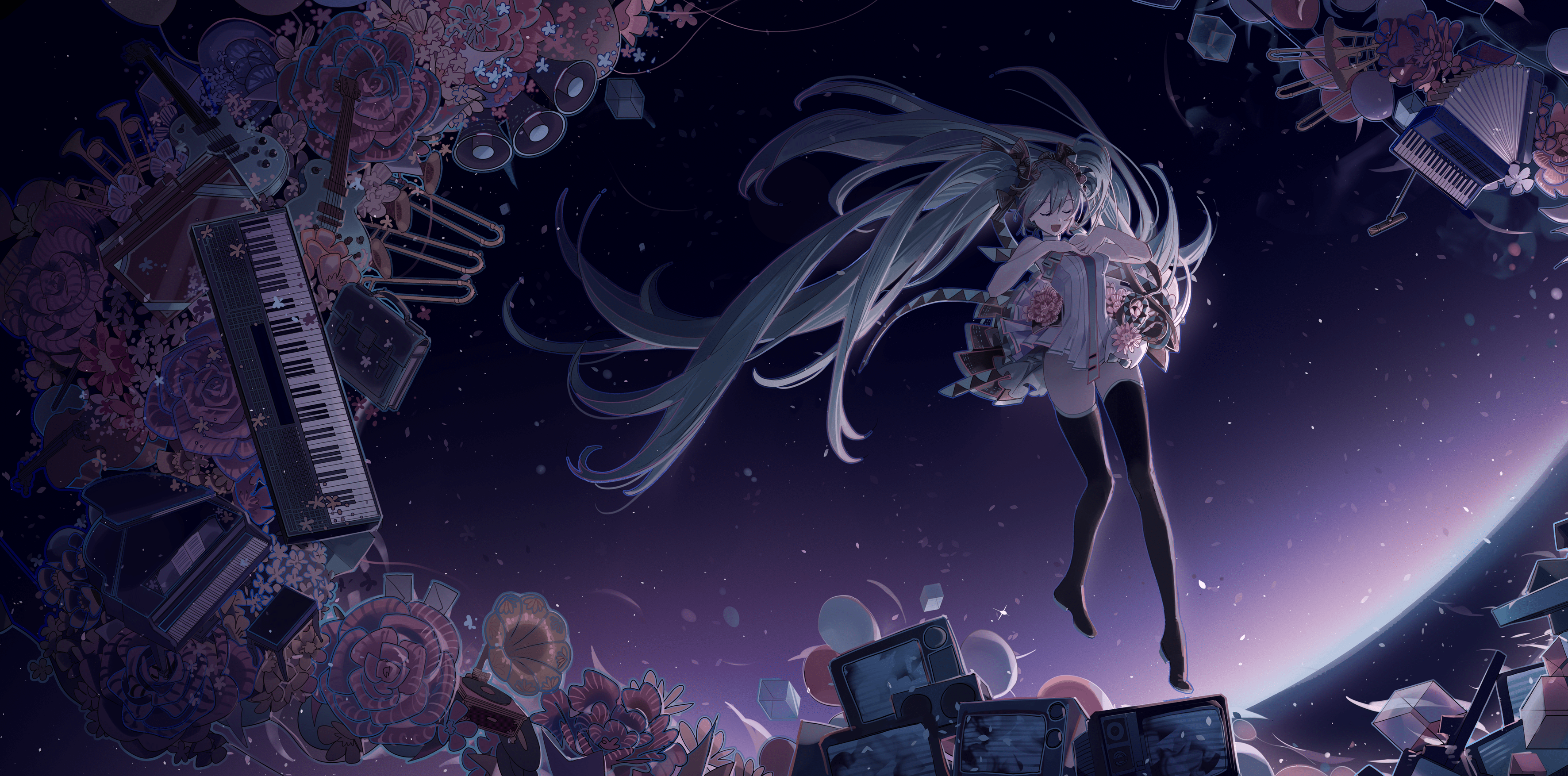 3544x1754 Vocaloid Hatsune Miku Anime Girls Piano Musical Instrument Guitar Trumpet TV Closed Eyes Long Hair Wallpaper:3544x1754