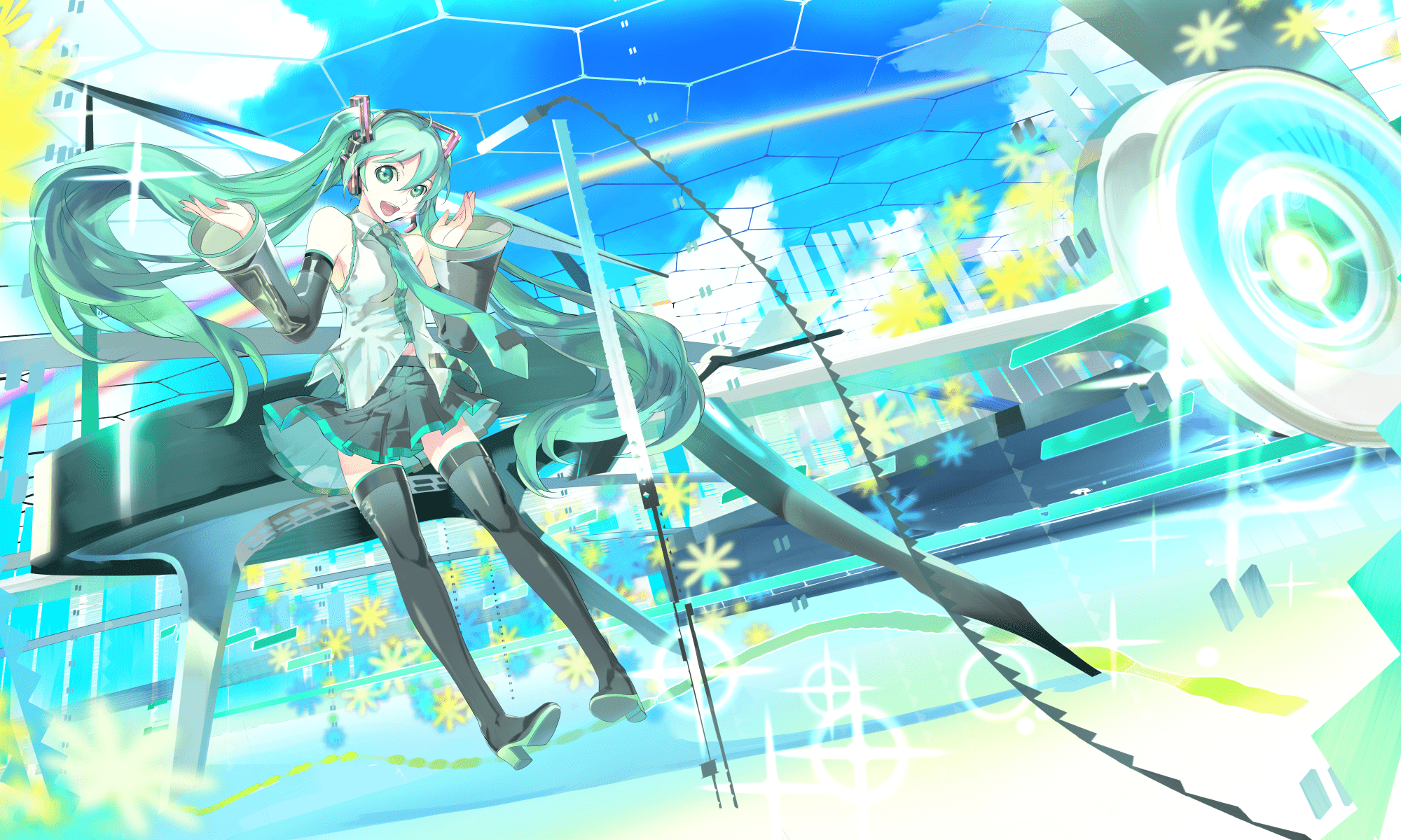 2000x1200 vocaloid hatsune miku headphones thighhighs wallpaper