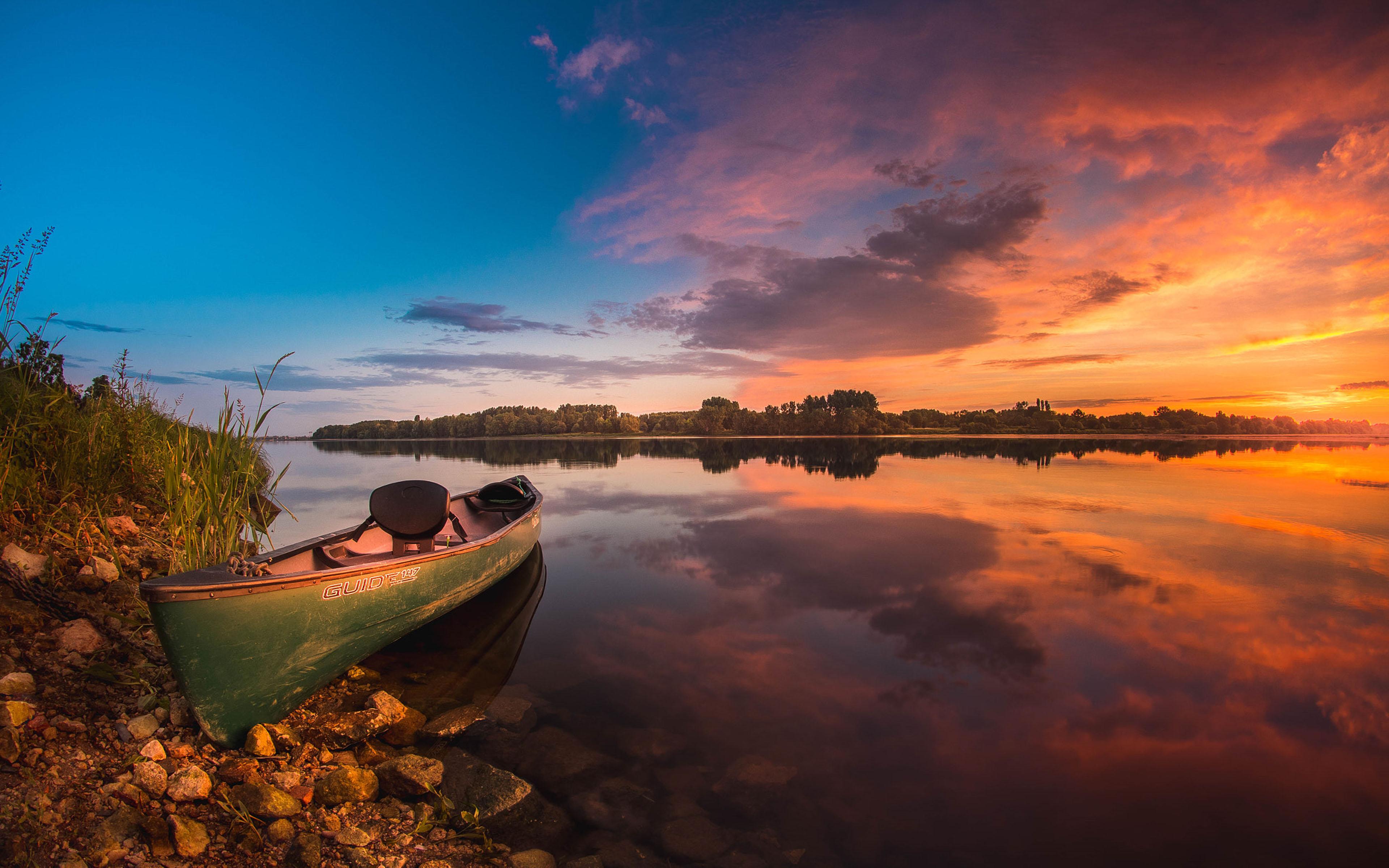 3840x2400 Sunrise Photography Peaceful Lake Boat Sky With Red Clouds Reflection In Water Ultra HD Wallpaper And Lapx2400 :