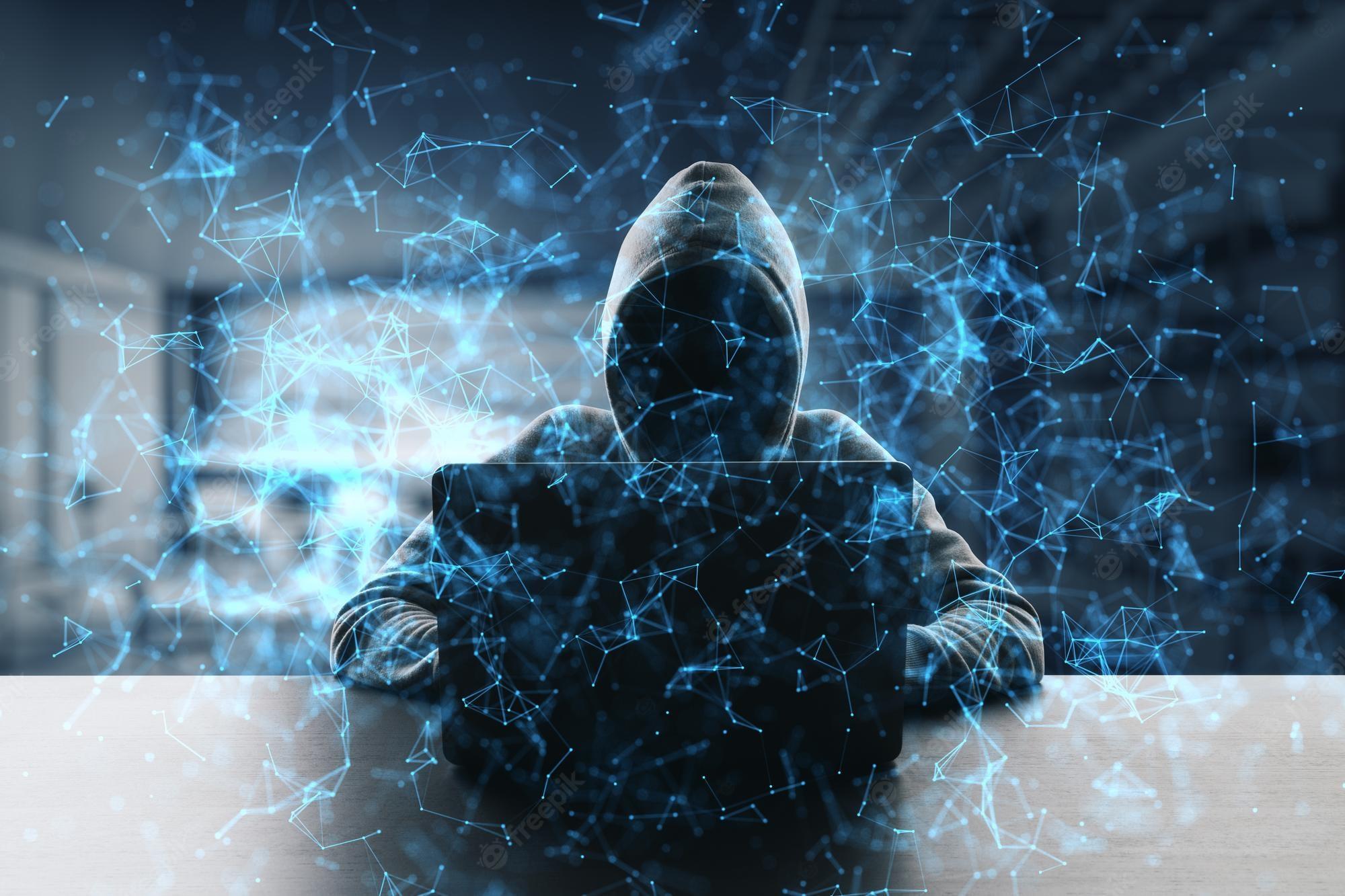 2000x1333 Premium Photo. Personal data theft and hacking concept with abstract digital metaverse wallpaper and dark hacker in hoody silhouette using laptop on abstract dark office background dpuble exposure