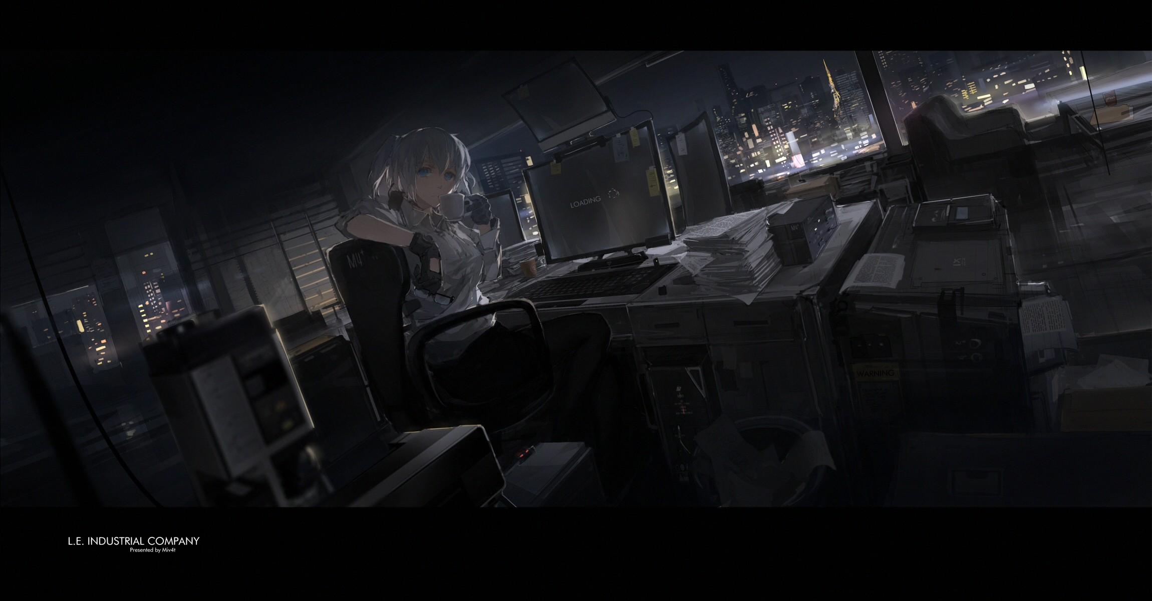 2300x1200 glasses, window, shirt, night, computer, office, paper, drink, anime girls, skirt, anime, gloves, twintails, sitting, white hair, city, original characters, blue eyes, pantyhose Gallery HD Wallpaper