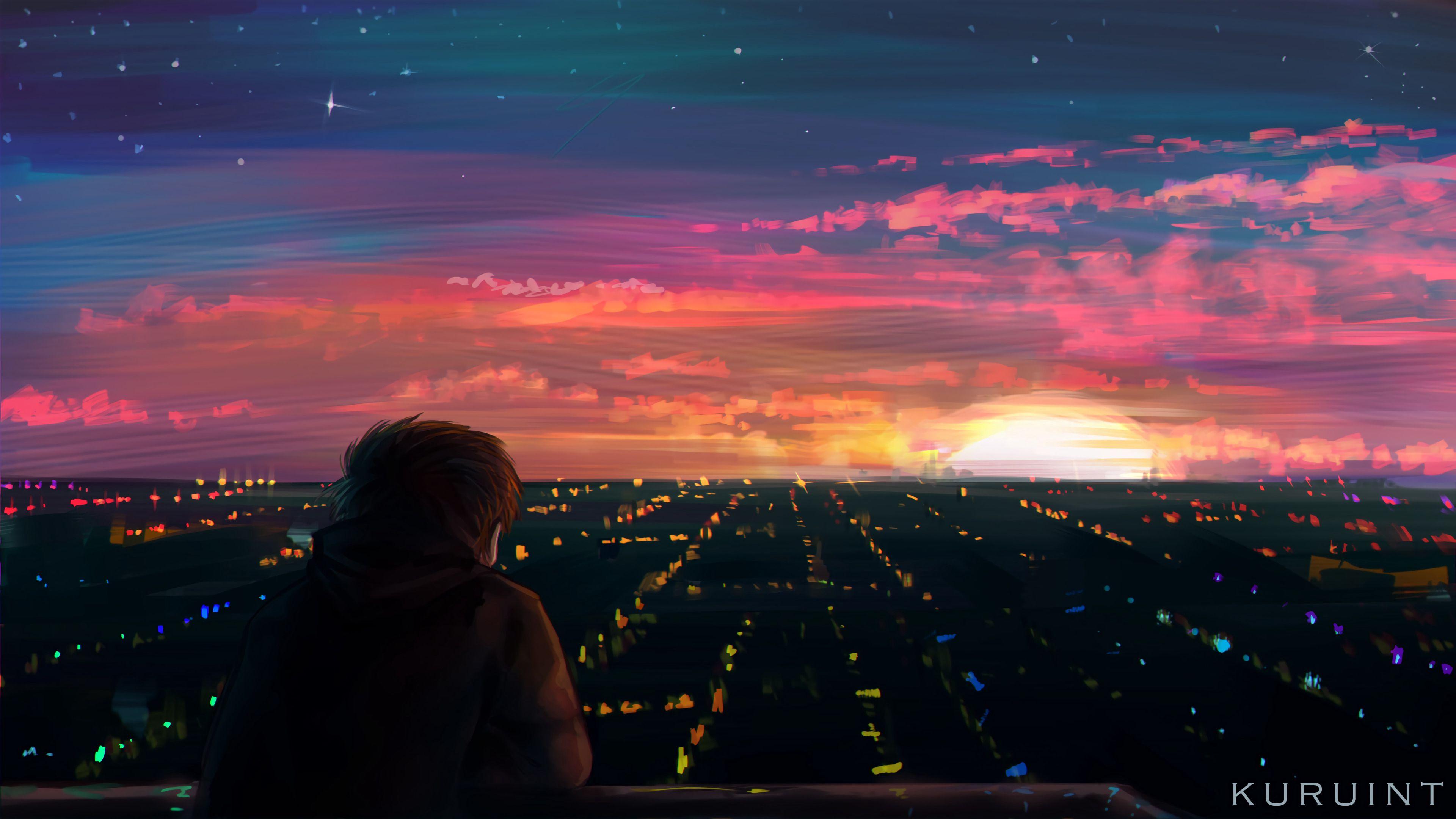 3840x2160 Download wallpaper 3840x2160 man, alone, night city, view, art HD background