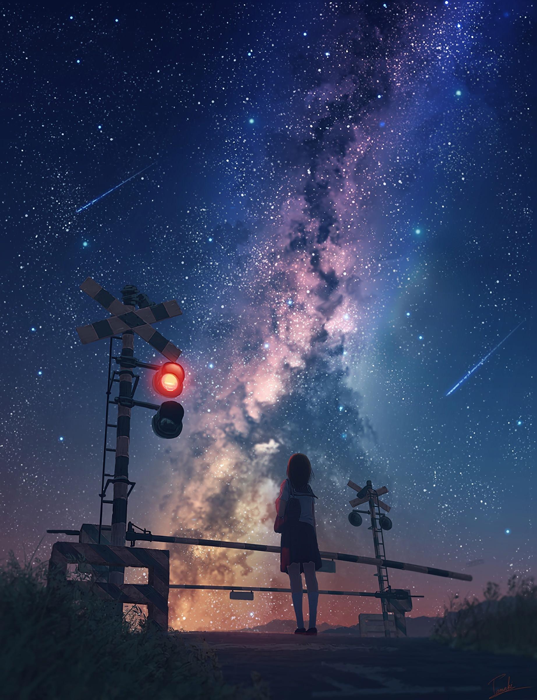 1844x2400 Milky Way, emotion, night sky, traffic lights, night, sky, stars, anime girl, alone, outdoors background, 2305x3000 Gallery HD Wallpaper