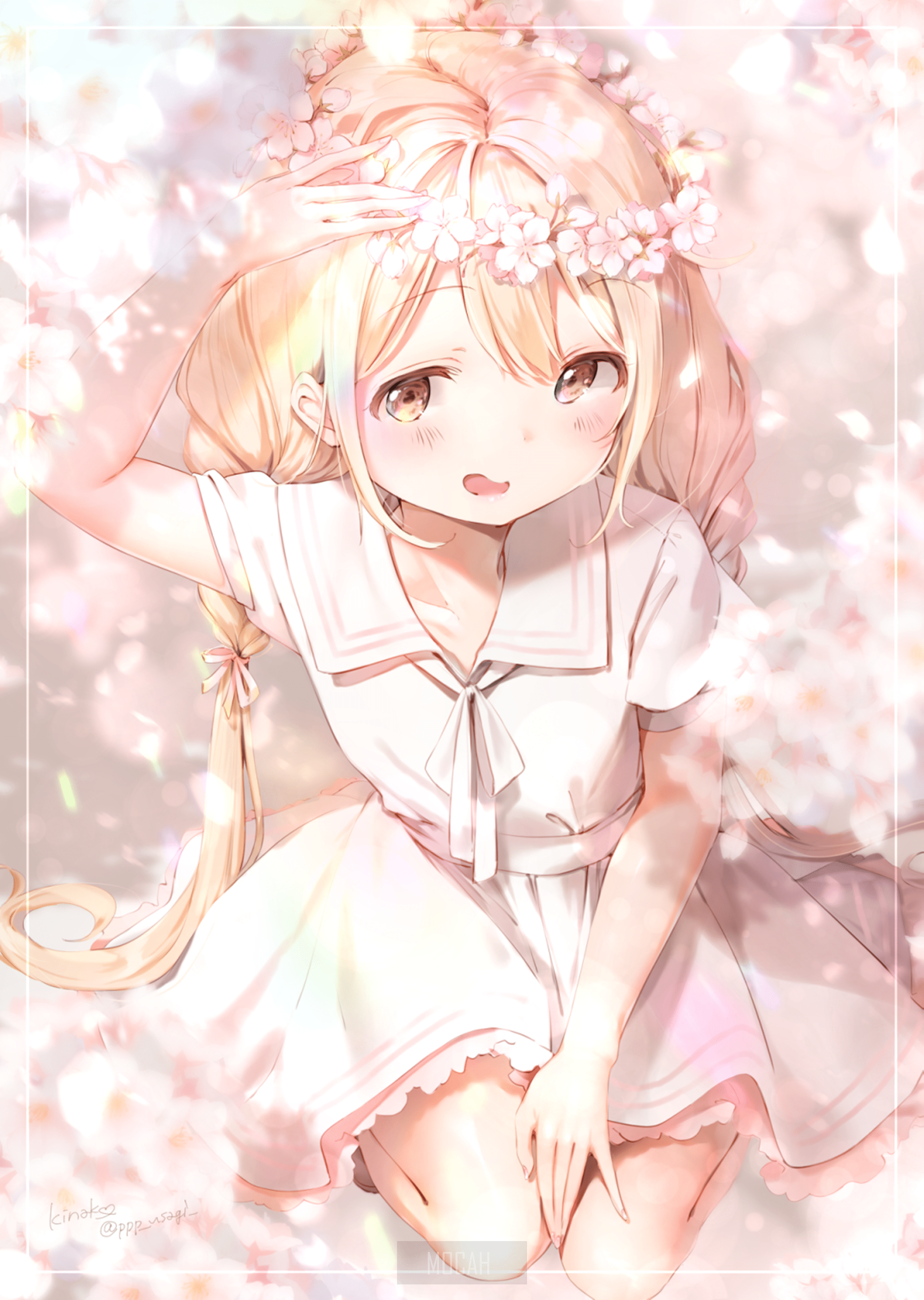 2132x3000 anime girl, anime, flower in hair, dress, kneeling wallpaper HD download, 2132x3000 Gallery HD Wallpaper