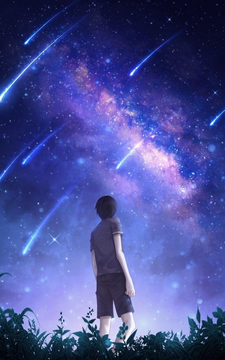 736x1177 Wallpaper starry sky silhouette art night starfall meteors. Silhouette art, Sky anime, Anime scenery wallpaper