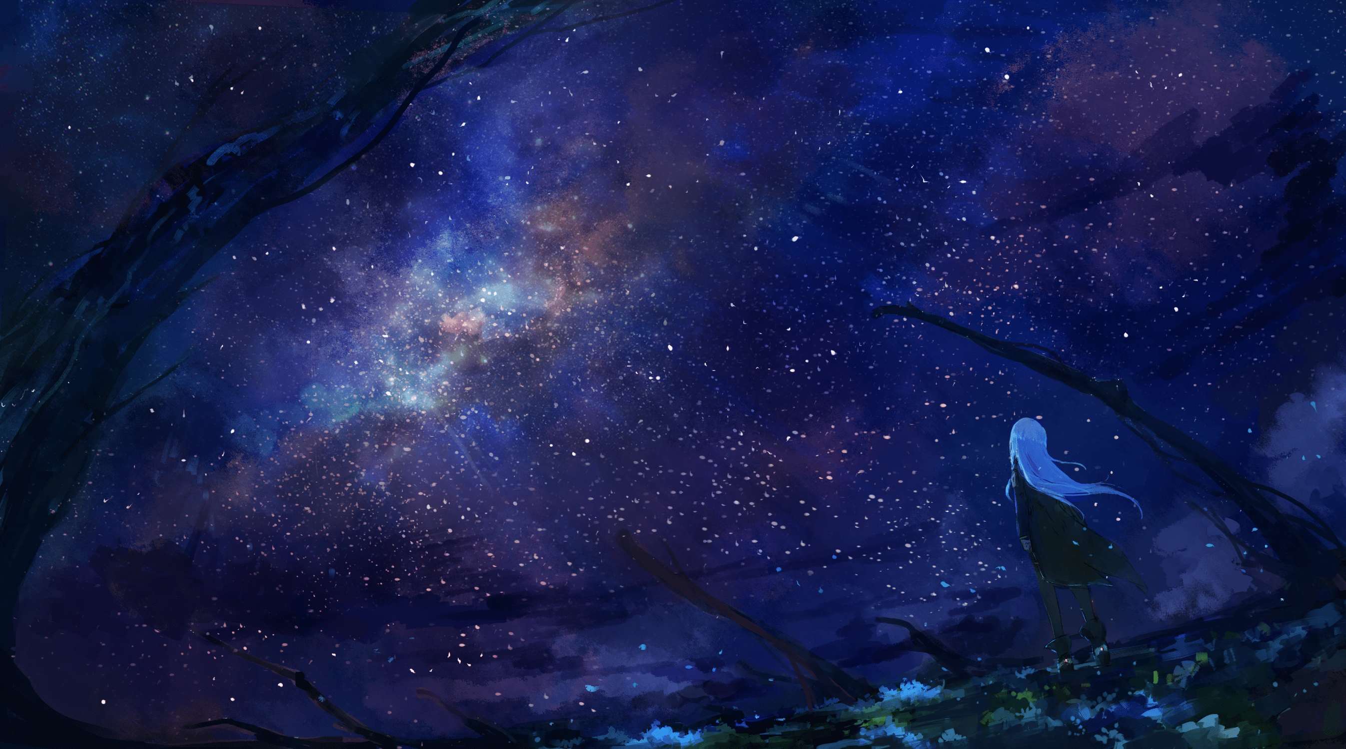 2693x1500 Wallpaper / anime, anime girls, digital art, artwork, 2D, sky, stars, outdoors, night free download